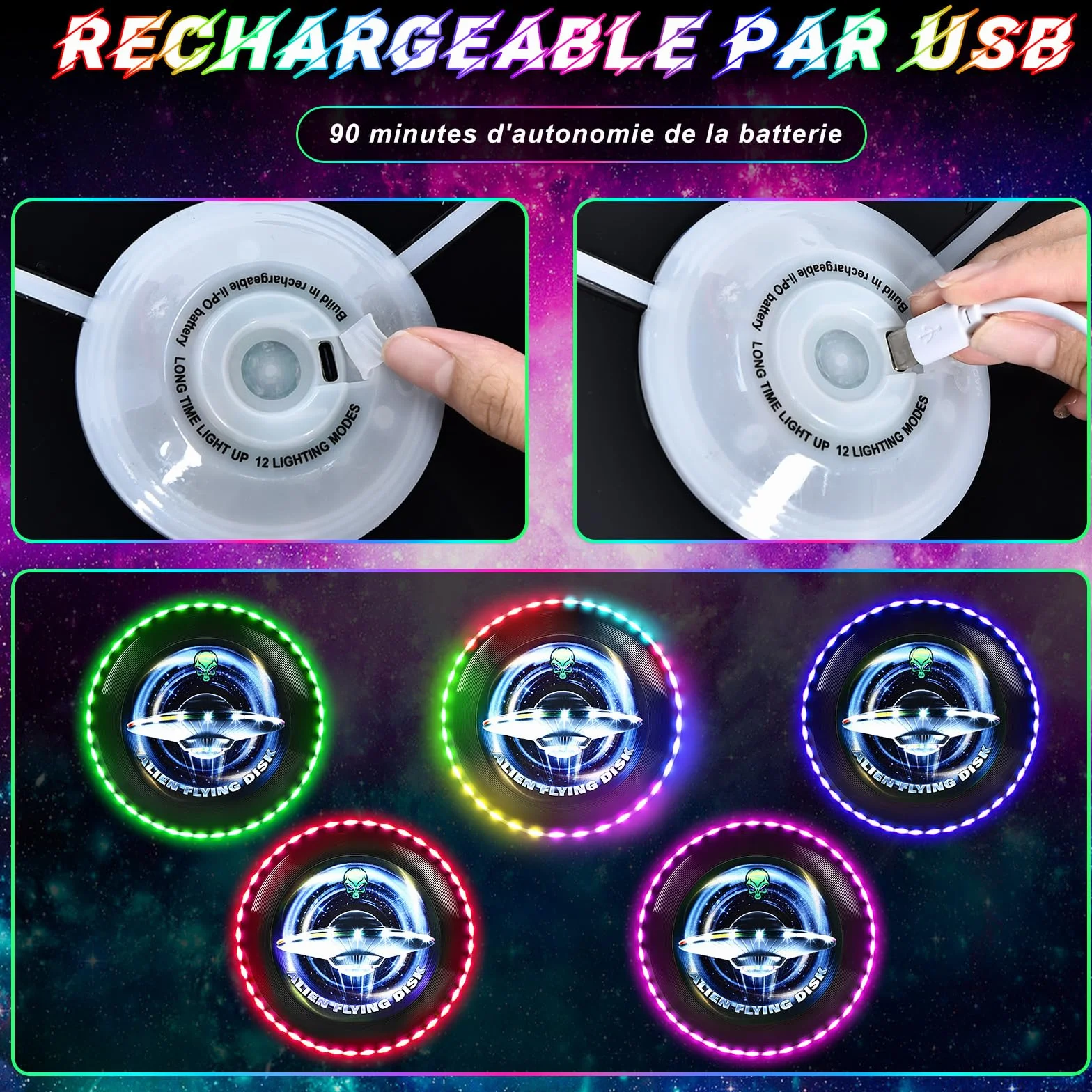 Frisbee Lumineux LED 12 Effets Lumineux Réutilisable Compétition Funsport Adultes Enfants Plage