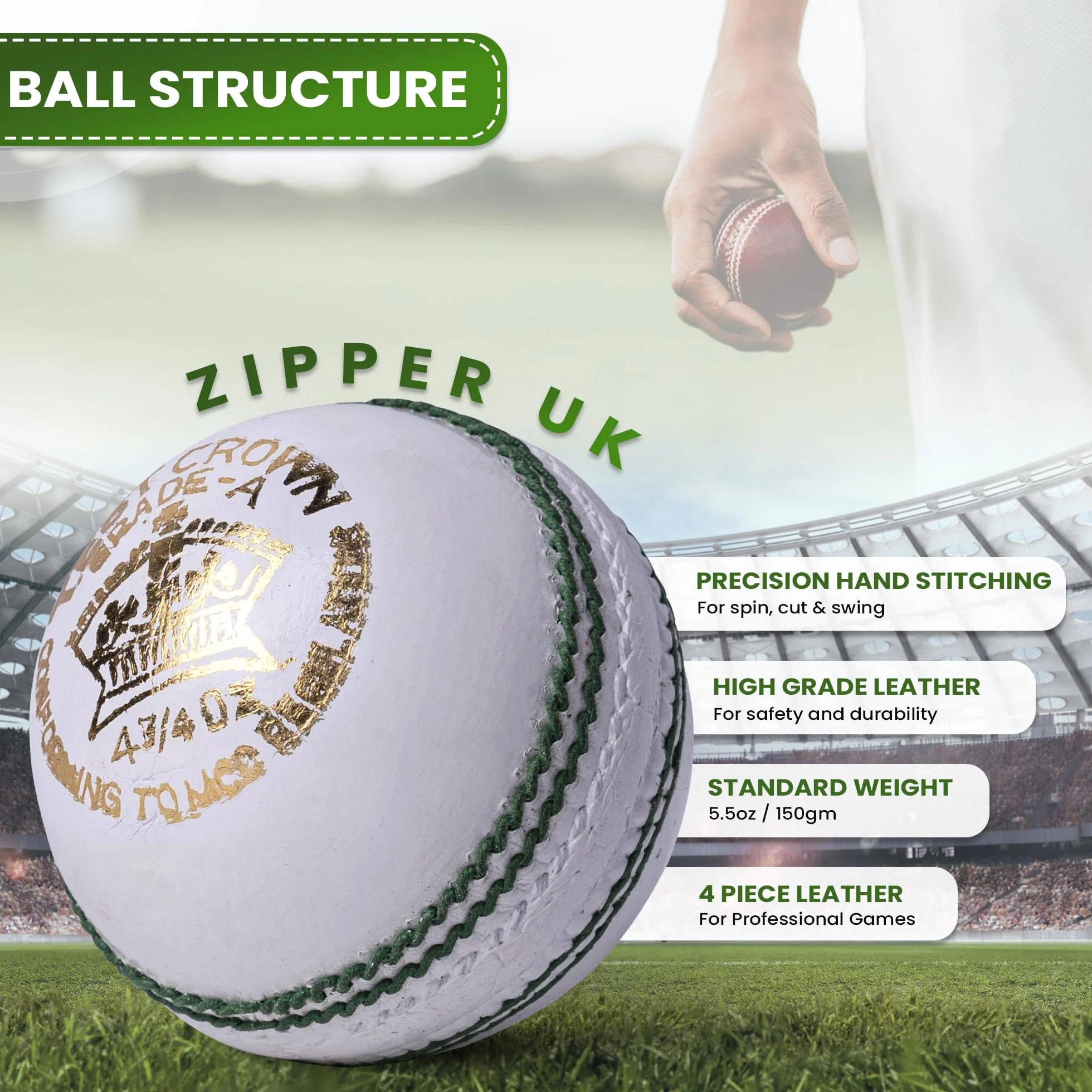 Zipper Junior Cricket Ball 4.75oz Hand-Stitched Leather Youth Cricket Balls