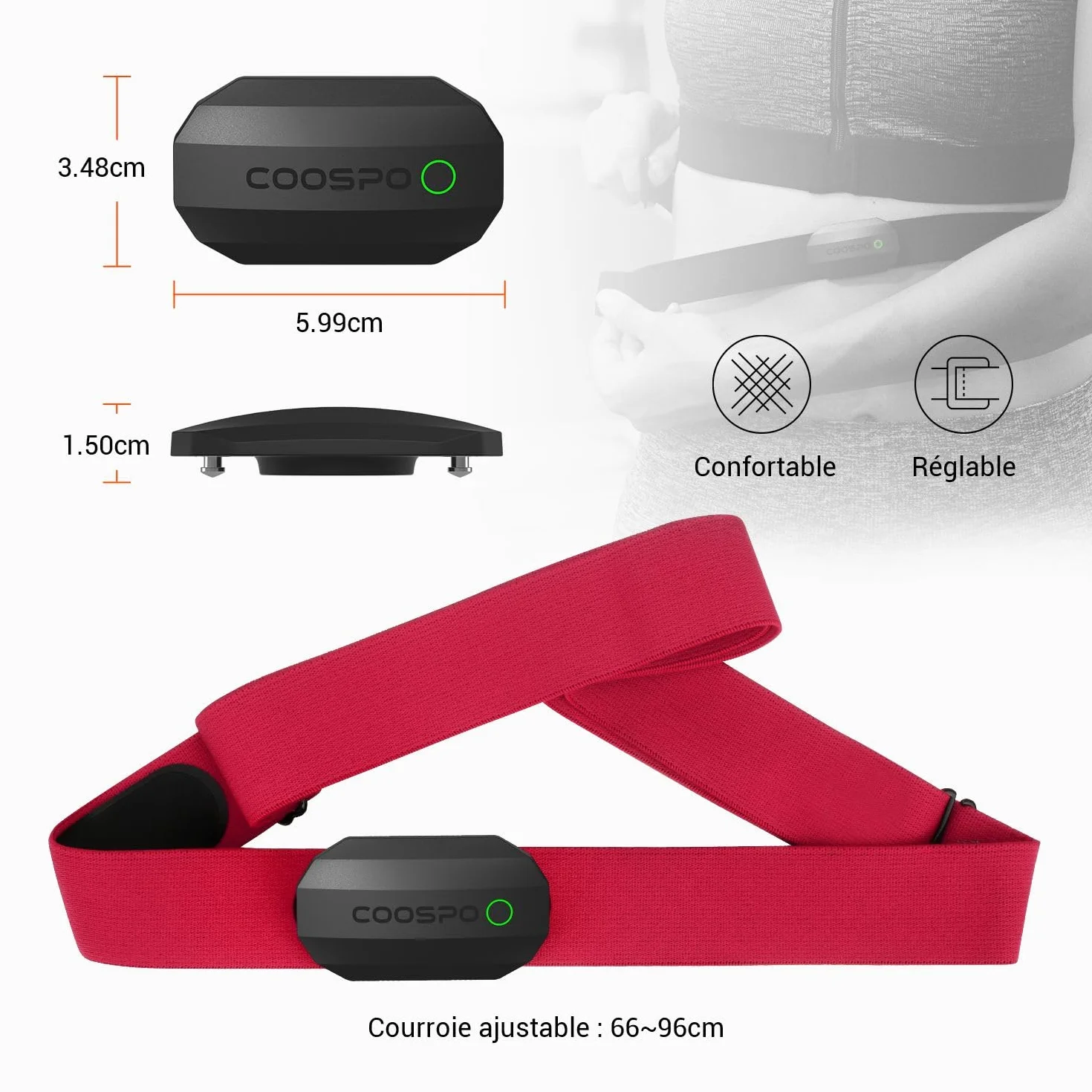 COOSPO H808S Capteur de Fréquence Cardiaque Bluetooth 5.0 Ant+ IP67 Étanche