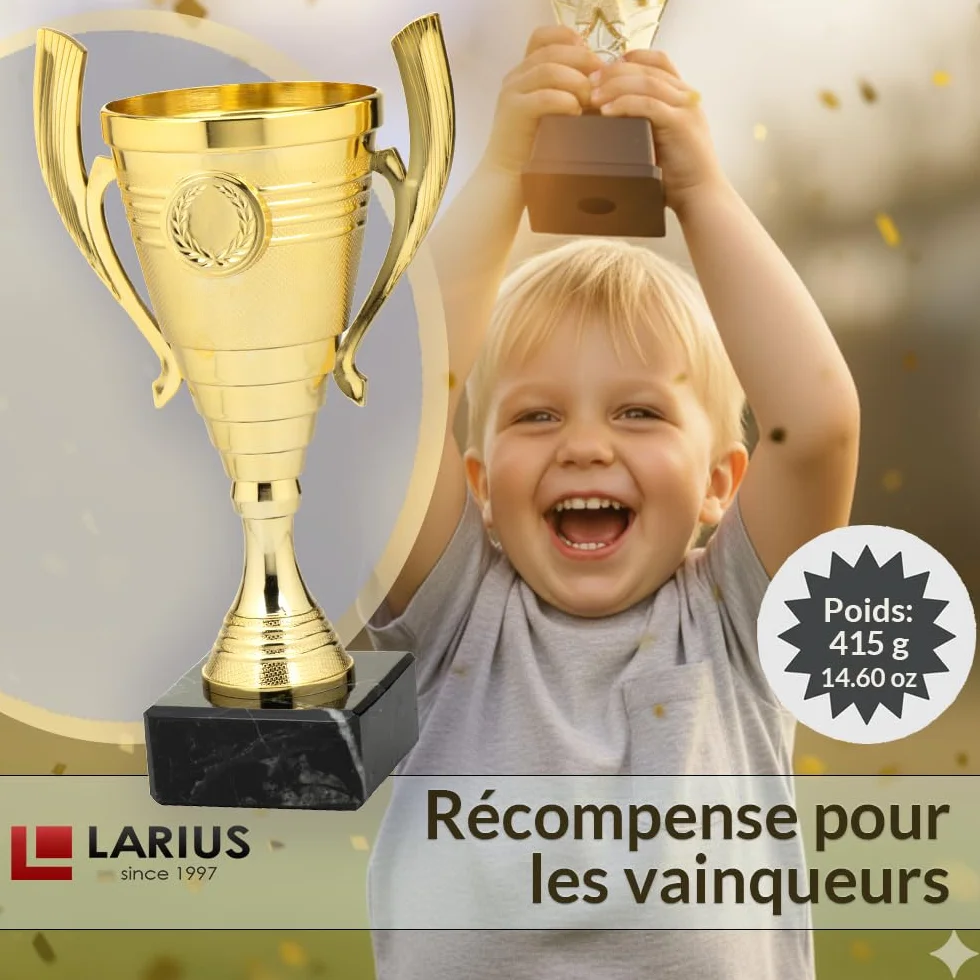 Larius Coupe 22 cm 415 g Trophée élégant universel socle marbre personnalisable sport école compétitions récompenses