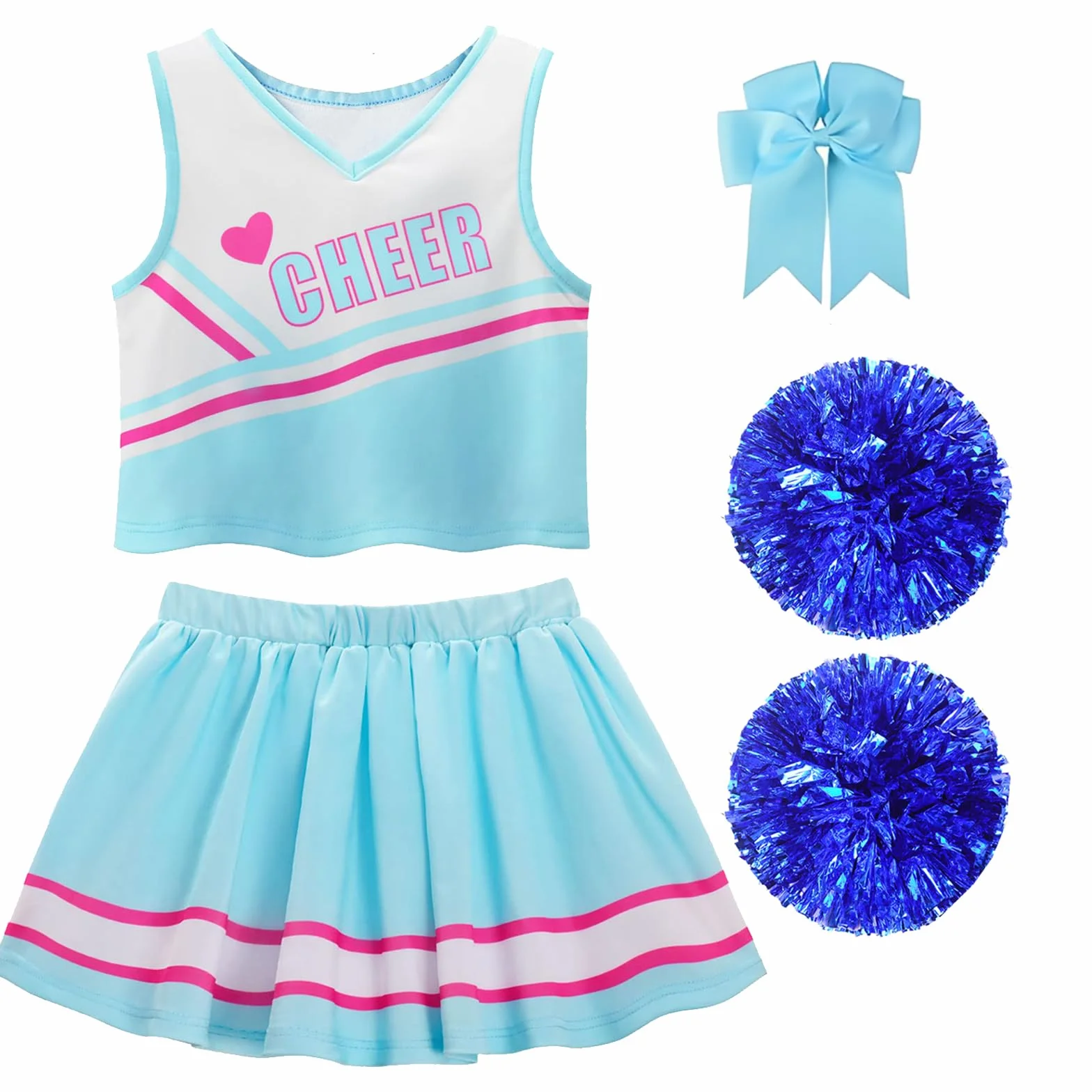Déguisement Pompom Girl Costume Cheerleader Fille avec Pompons Chaussettes Barrette Nœud Uniforme Carnaval Halloween