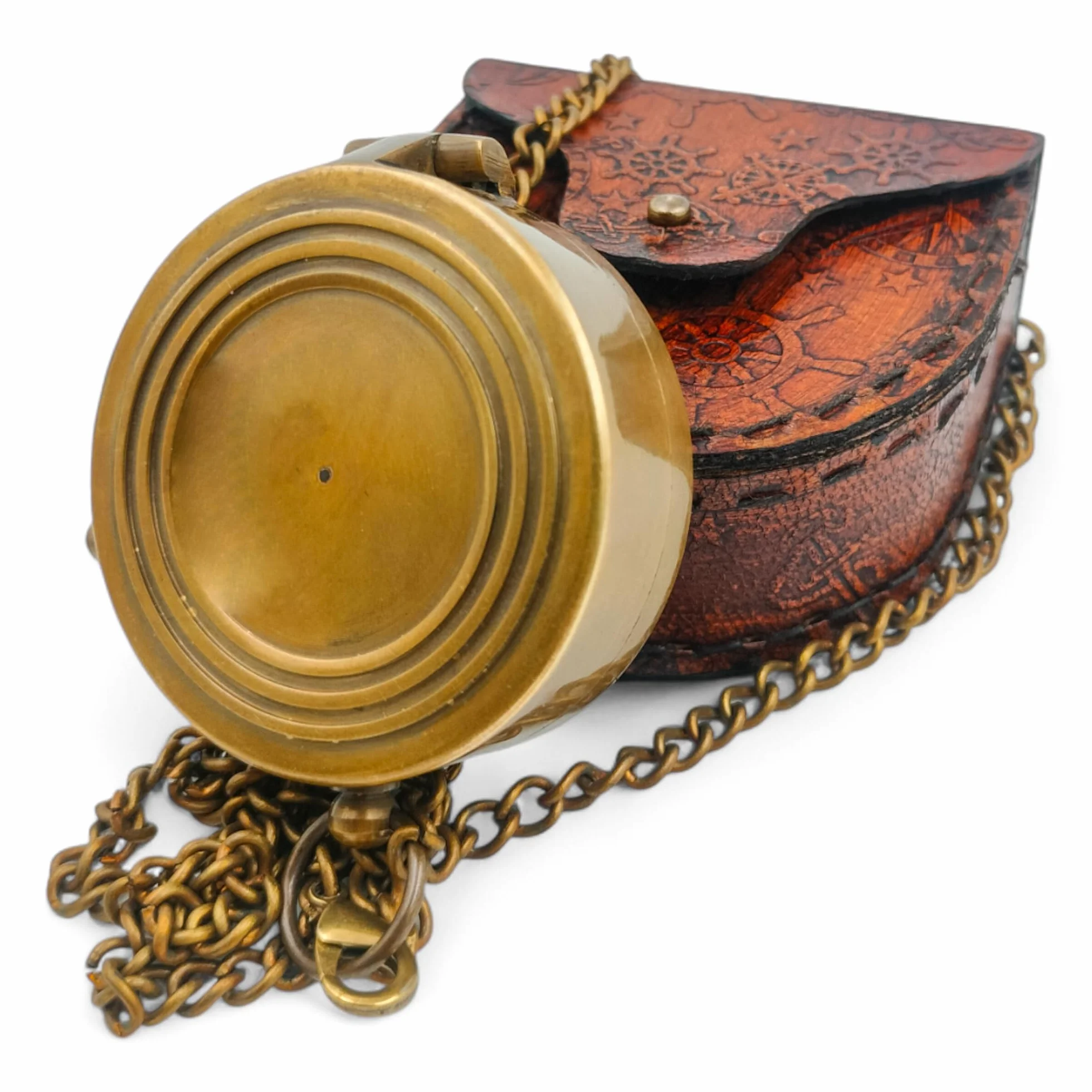 Boussole de Poche en Laiton Antique Nautique Steampunk avec étui en Cuir