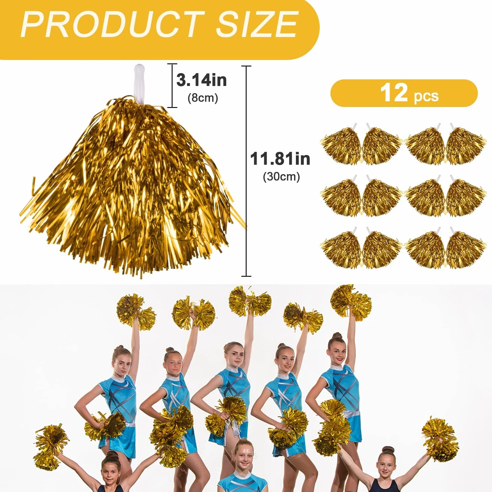 Lot de 12 Pompons Cheerleader Gold pour Carnaval Fête
