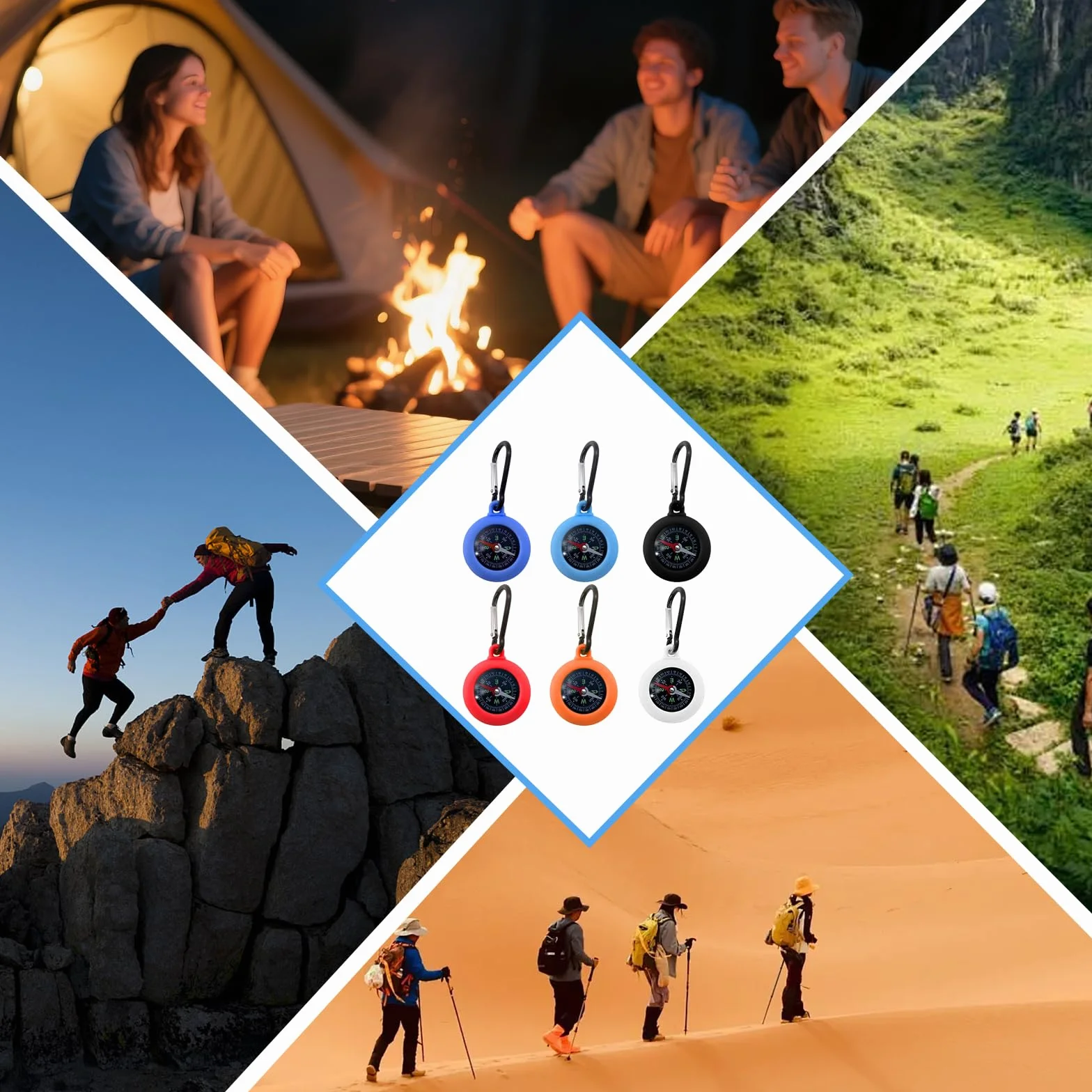 Boussole 2 en 1 avec Mousqueton 6 Pièces, Mini Boussole de Camping Multicolore pour Randonnée Enfants, Porte-Clés Étanche