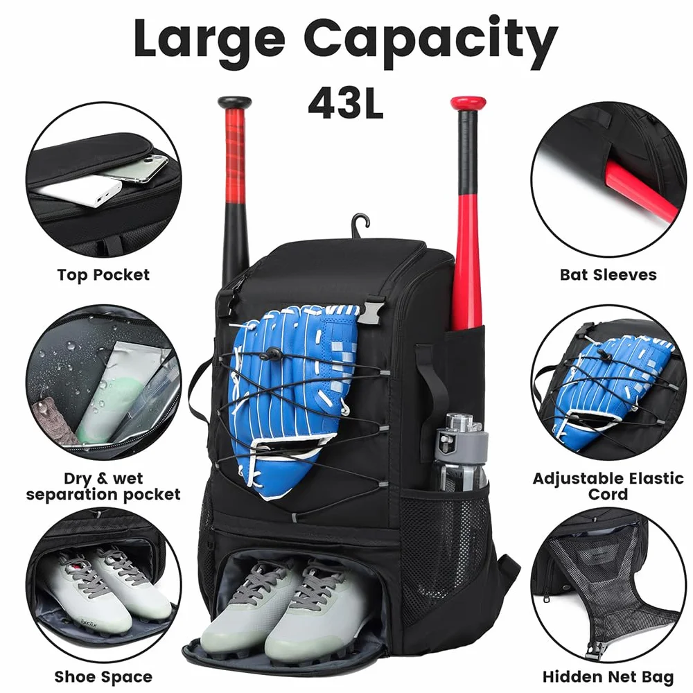 Sac de Baseball avec Compartiments à Chaussures et Poches Humides, Léger et Durable, Motif Fleur