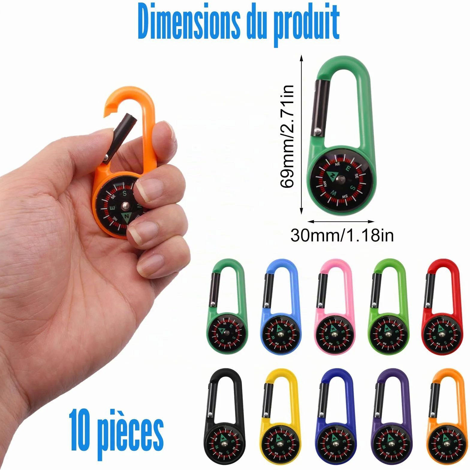Boussole de Camping Colorée, Boussole Randonnée, Boussole Enfant, Multicolore, Mousqueton Multifonction avec Boussole, Mini Boussole Extérieur