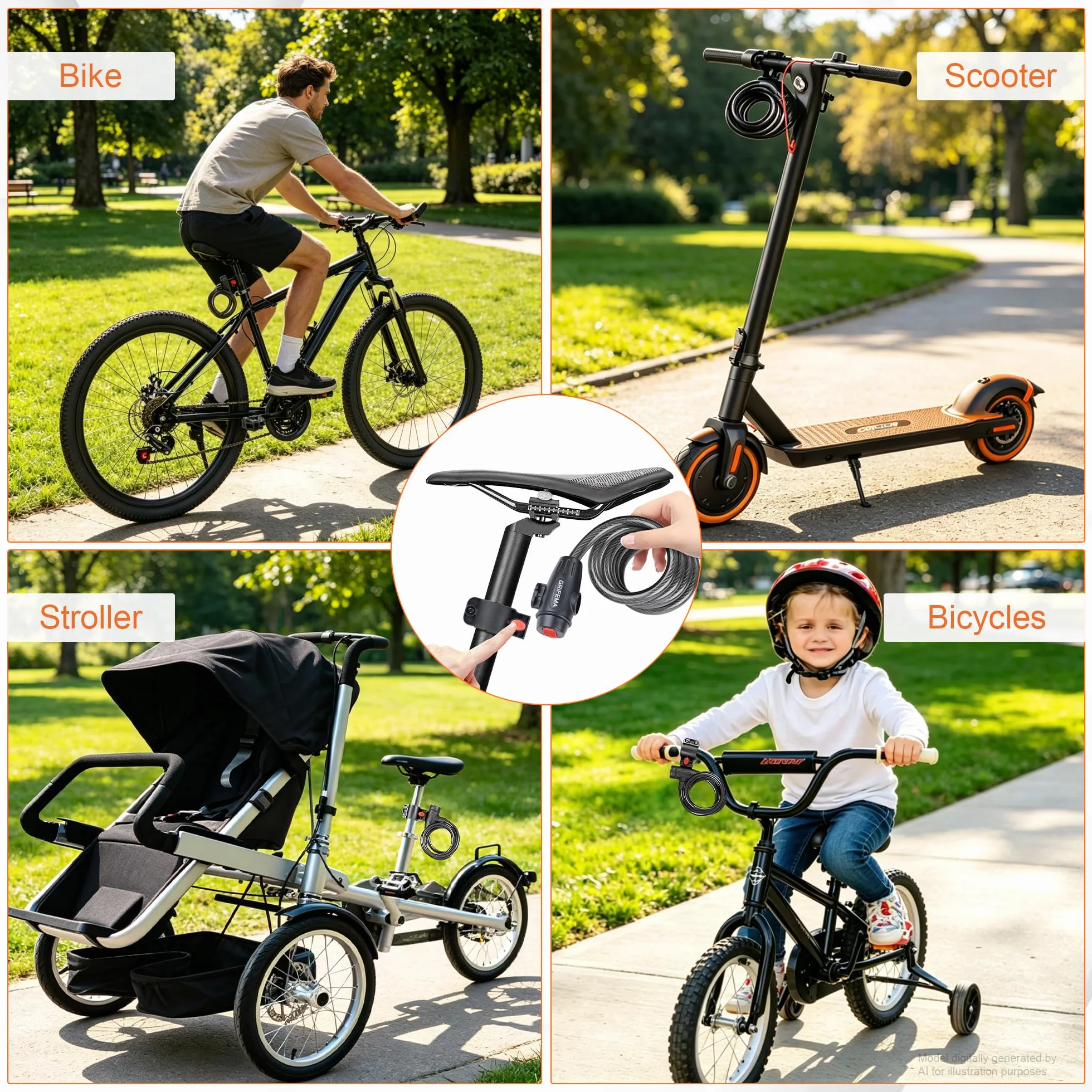 GRIFEMA GA1204-12 Chaîne Antivol Vélo 120 cm Serrure de câble Noir