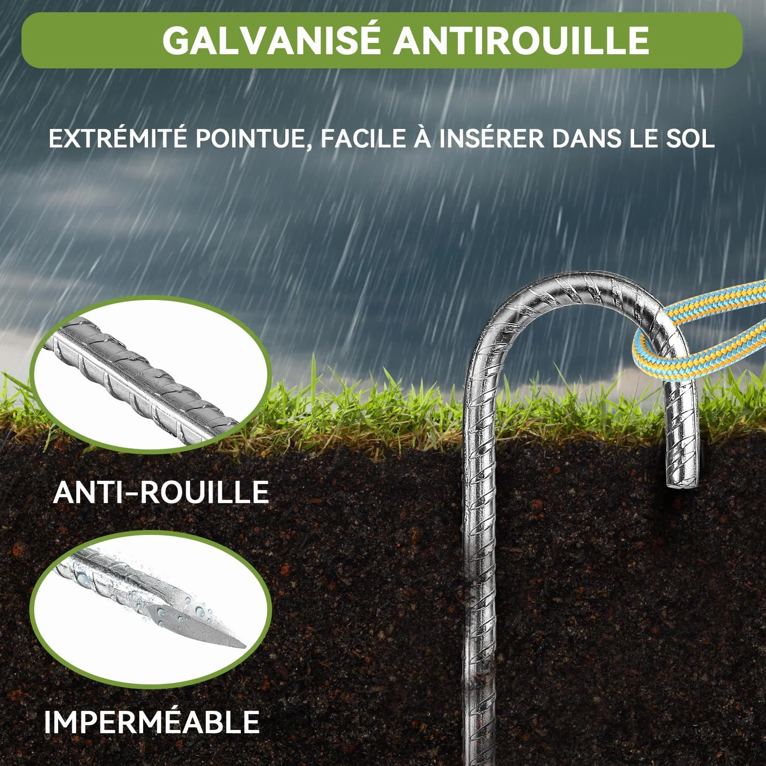 Piquets d'ancrage en Acier Galvanisé 30cm 6Pcs avec Crochets en J pour Tente Trampoline