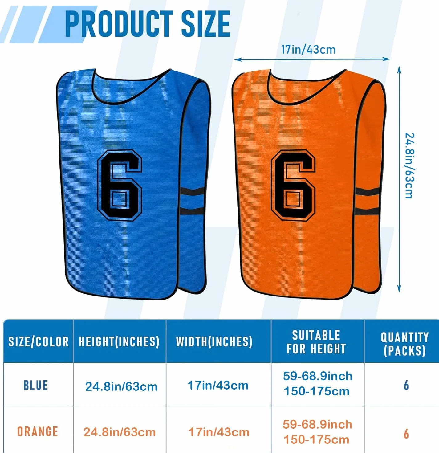 Lot de 12 Chasubles de Football Numérotées Réversibles pour Adultes, Maillots d’Entraînement en Maille Respirante – Bleu & Orange