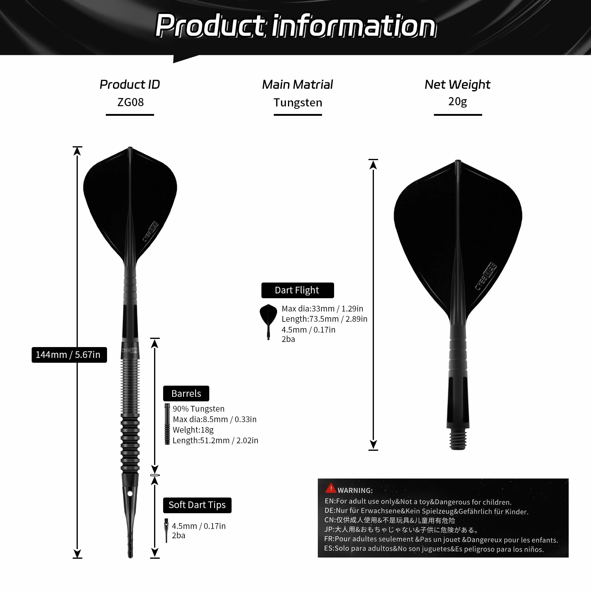 CyeeLife Fléchettes Professionnelles 90% Tungstène Lot de 3 avec Pointes Plastique - Noir