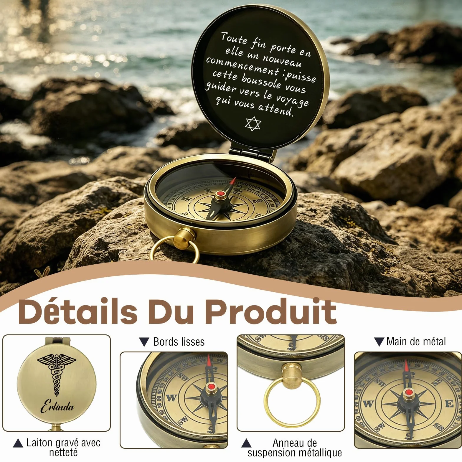 Boussole Personnalisée avec Nom Gravure Texte Icône Cadeau Homme Femme Aventurier