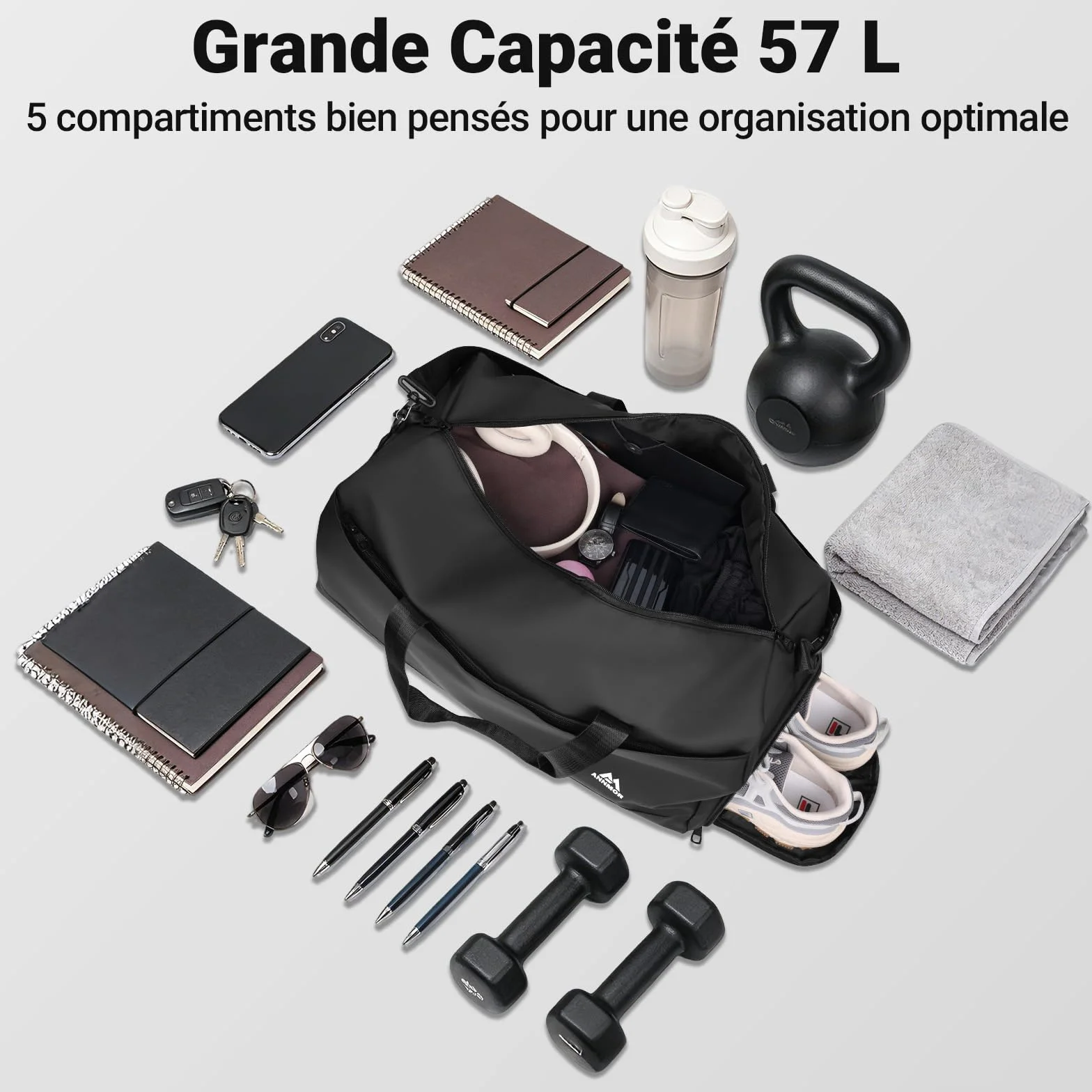Sac de Sport Homme 57L avec Compartiment à Chaussures Séparé et Poche Imperméable