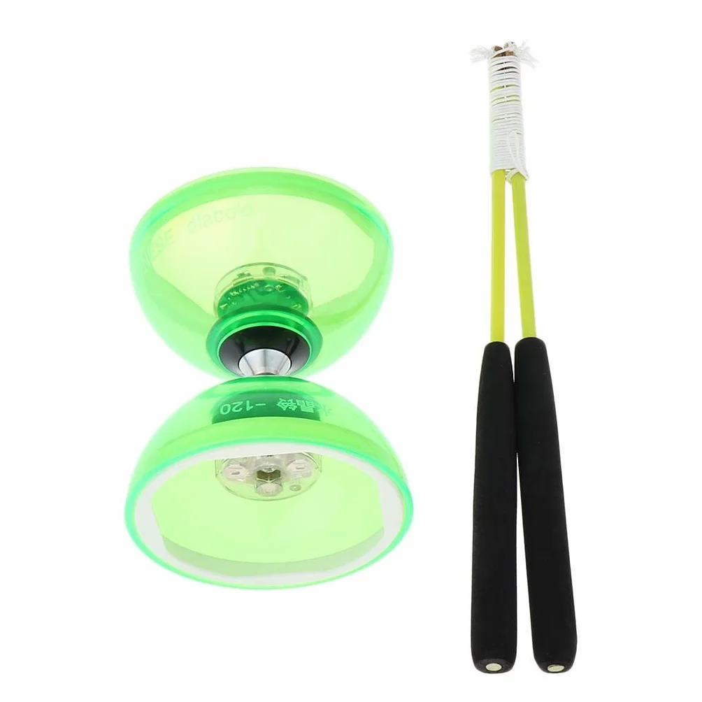 Fityle Diabolo Professionnel 3 Roulements avec Bâtons et Cordes LED, Balle Caoutchouc, Vert