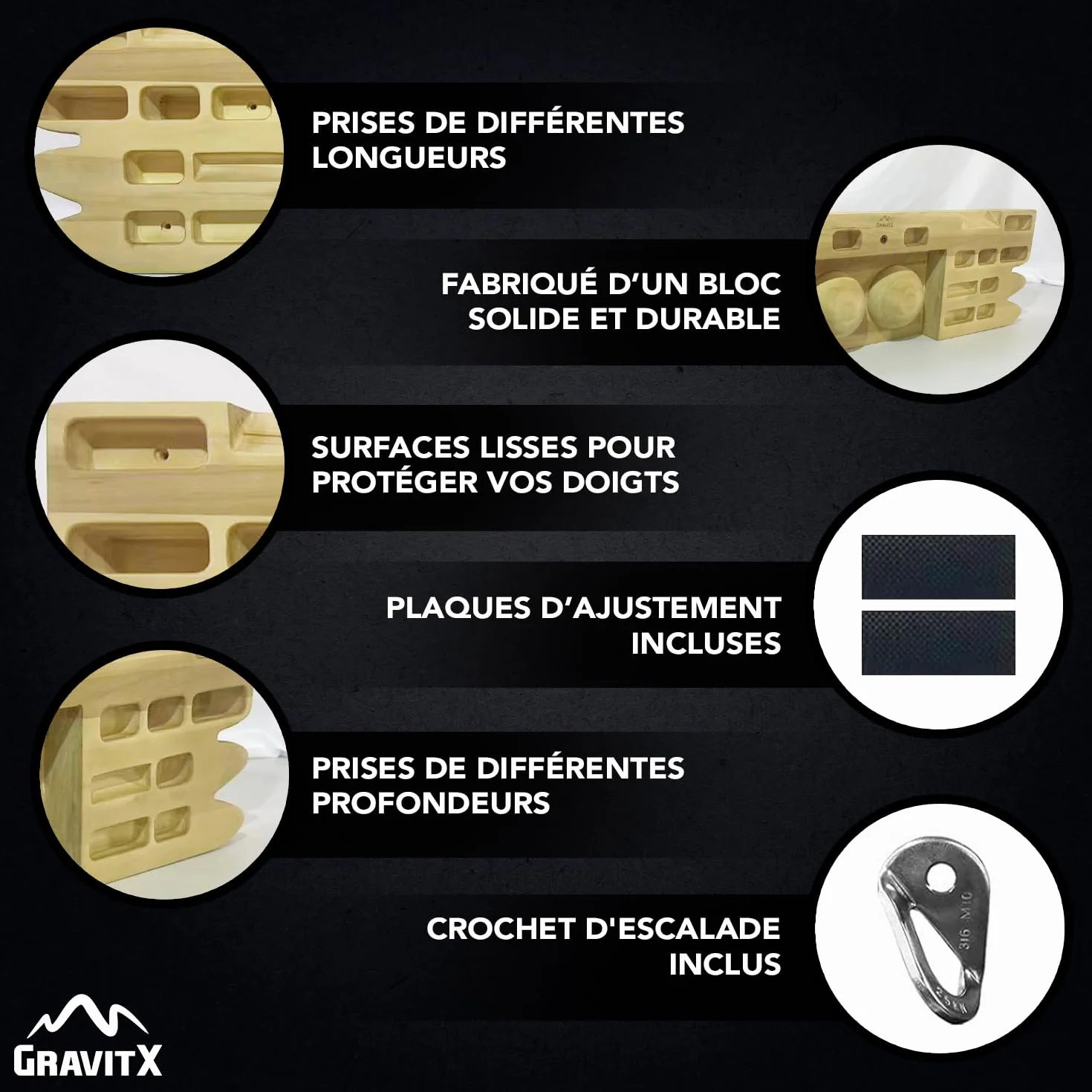GravitX Planche d’Escalade en Bois 65 cm Fingerboard Multiprises 18-45 mm Accroche Murale