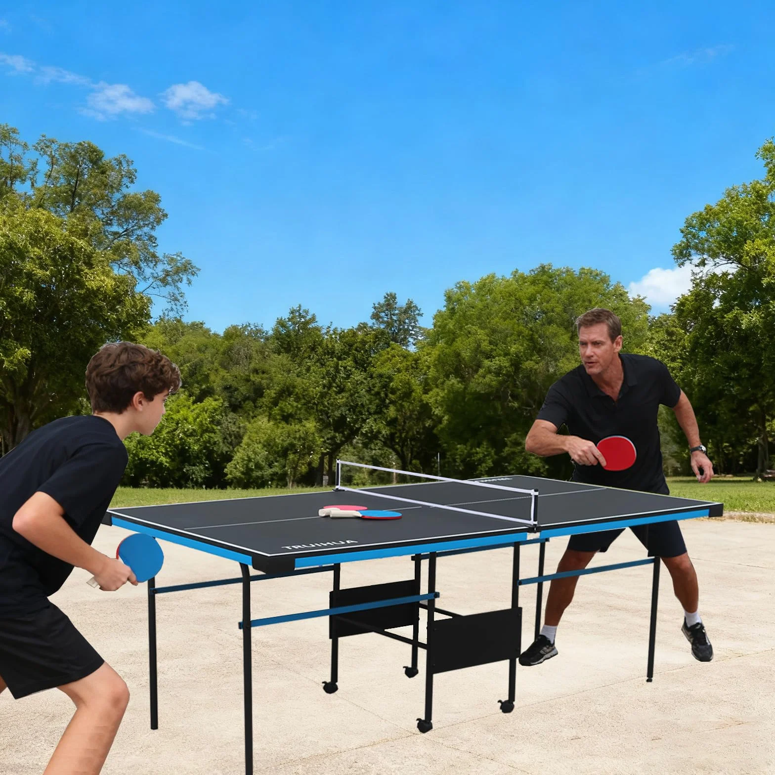 Table de tennis de table pliable 2,1 m intérieur extérieur 210 x 117 x 76 cm avec raquette et filet