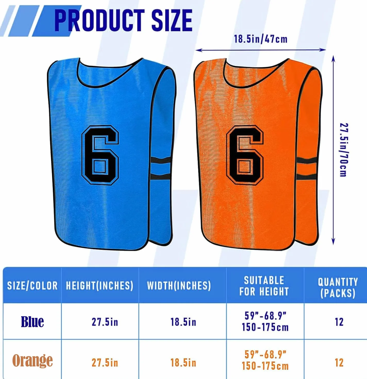MSYU Lot de 12 gilets de football numérotés à séchage rapide pour adultes et jeunes, Orange/bleu foncé, XL