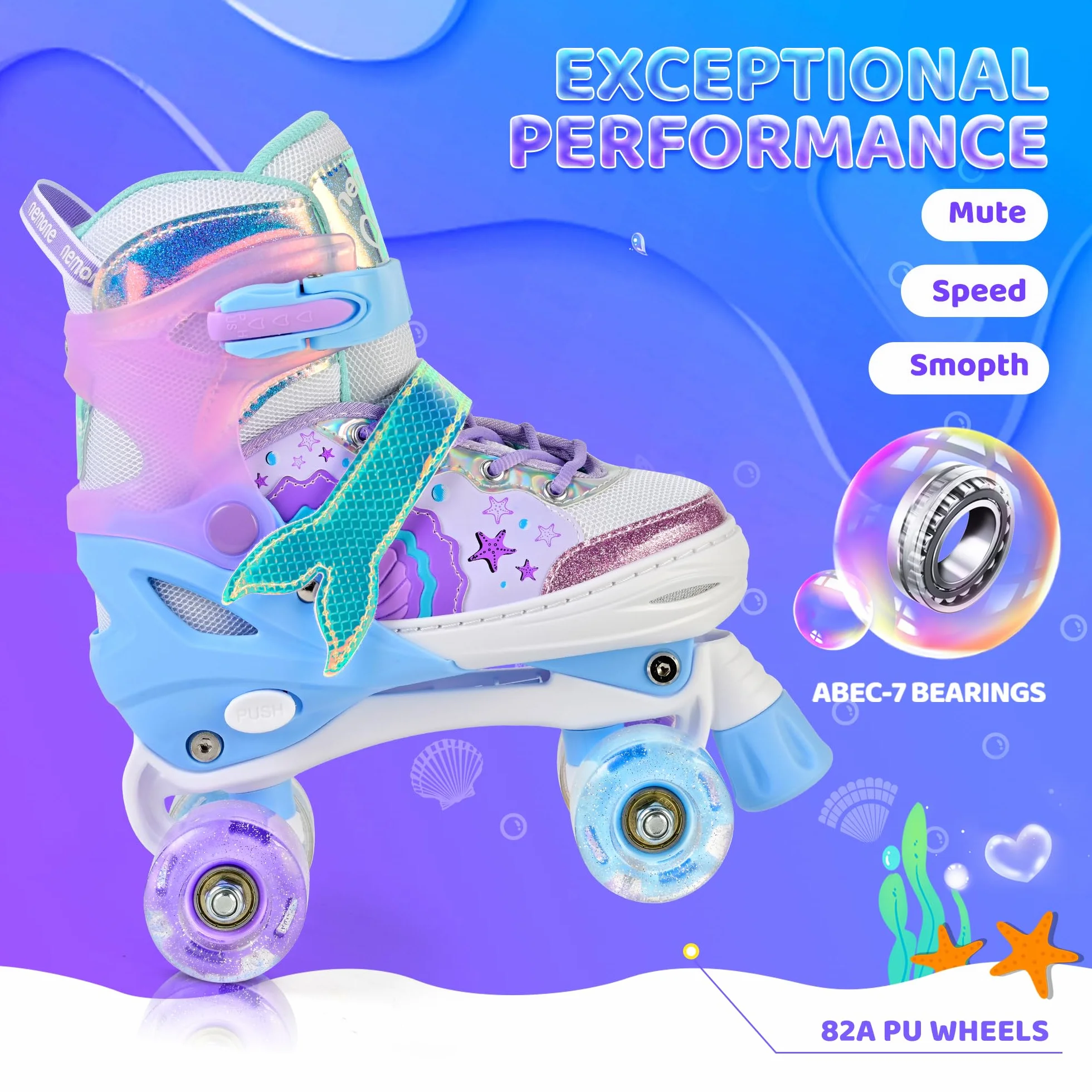 Nemone Sirènes Patins à roulettes Filles Réglable 4 Roues pour Enfants et Débutants Cadeau Noël Anniversaire