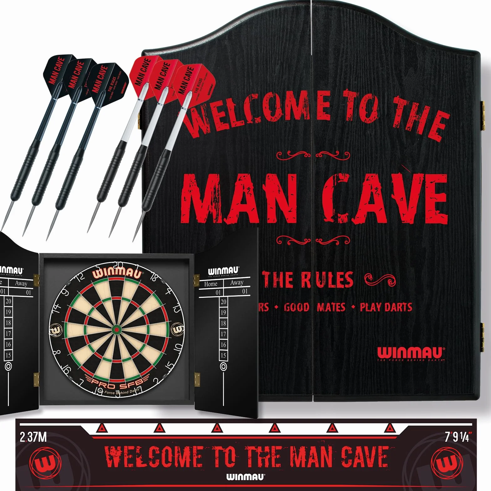Winmau Man Cave Ensemble cible de fléchettes avec armoire, flèches et ligne de lancer