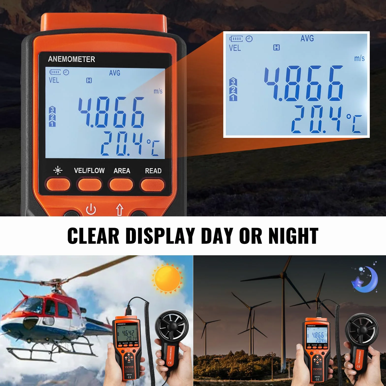 VEVOR Anémomètre Portable -10℃ à 60℃ Numérique Vitesse du Vent CFM Mesure Température Flux d'Air Refroidissement Éolien Écran Rétroéclairé LED