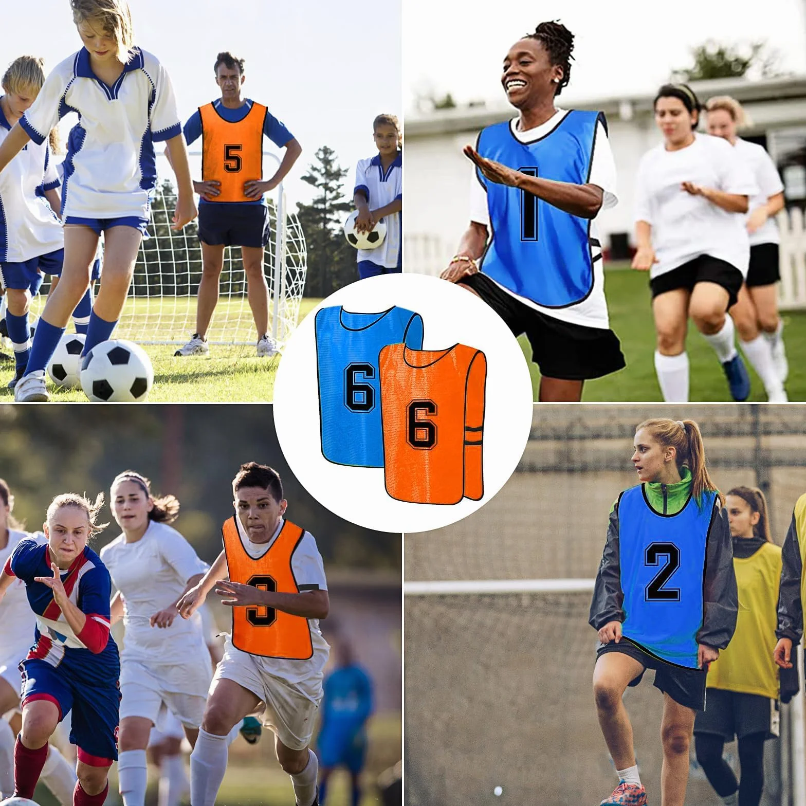 Lot de 12 Chasubles de Football Réversibles Numérotées pour Adultes – Gilets d’Entraînement Respirants – Taille XL – Orange/Bleu