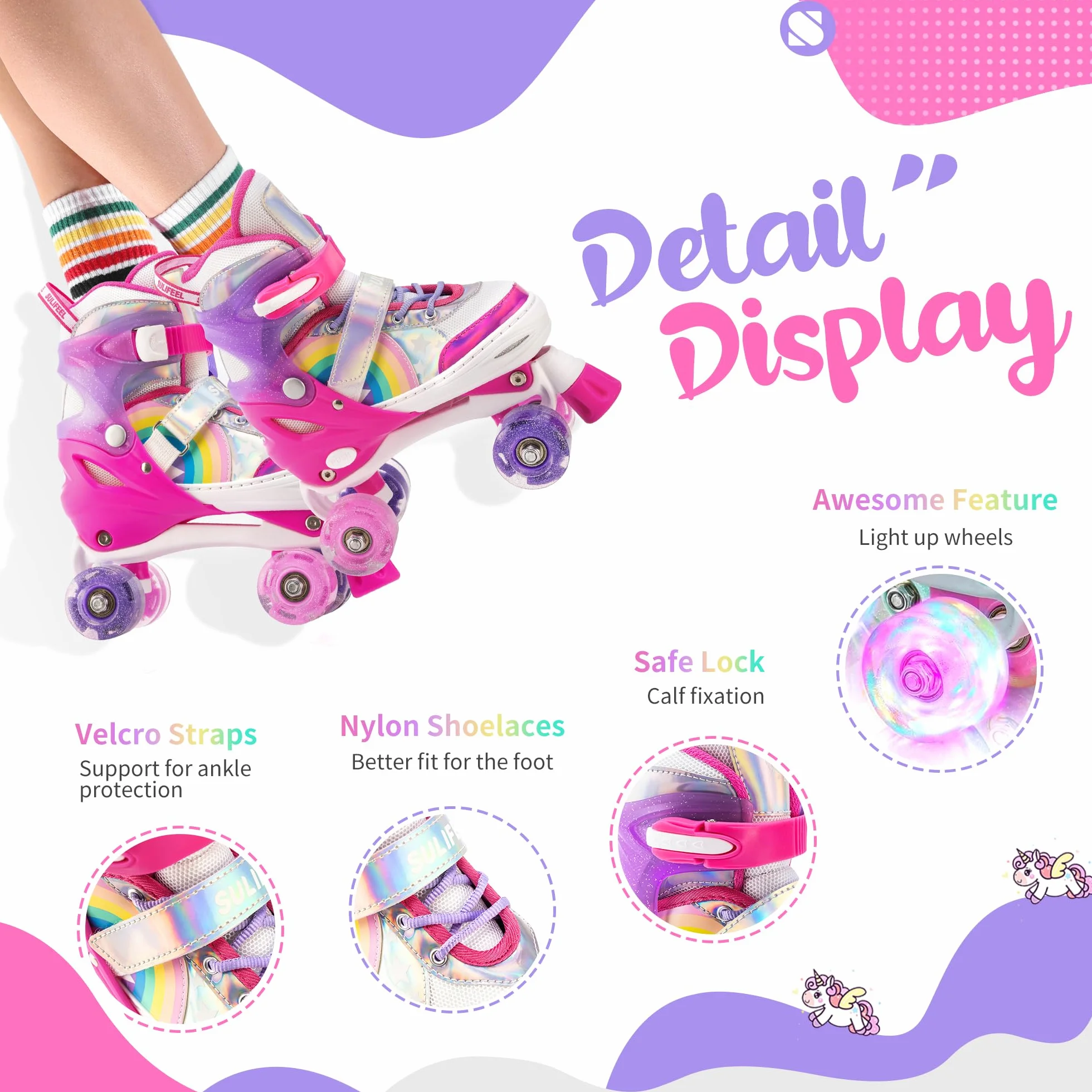 SULIFEEL Rainbow Unicorn Roller Skates Patins à roulettes Réglable Roues LED, Rollers Quad Enfants Femmes