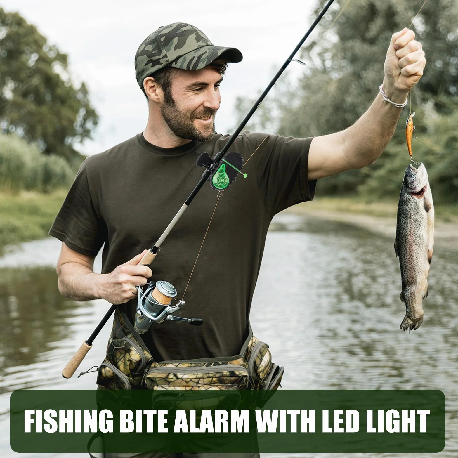 Byffoer Détecteur de touche de pêche à clipser avec lumière LED et son, alarme électronique sensible