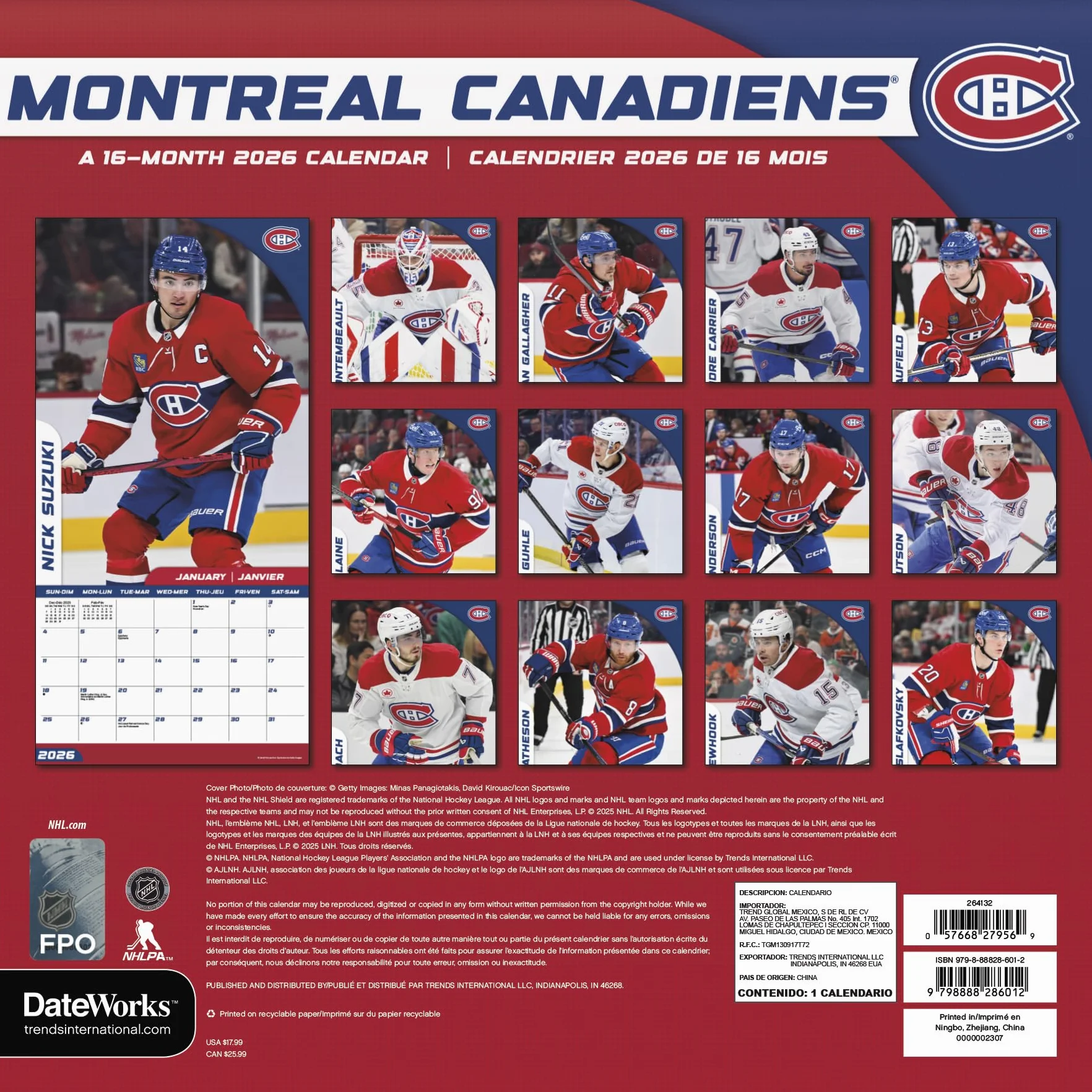 Calendrier mural 2026 Canadiens de Montréal bilingue français