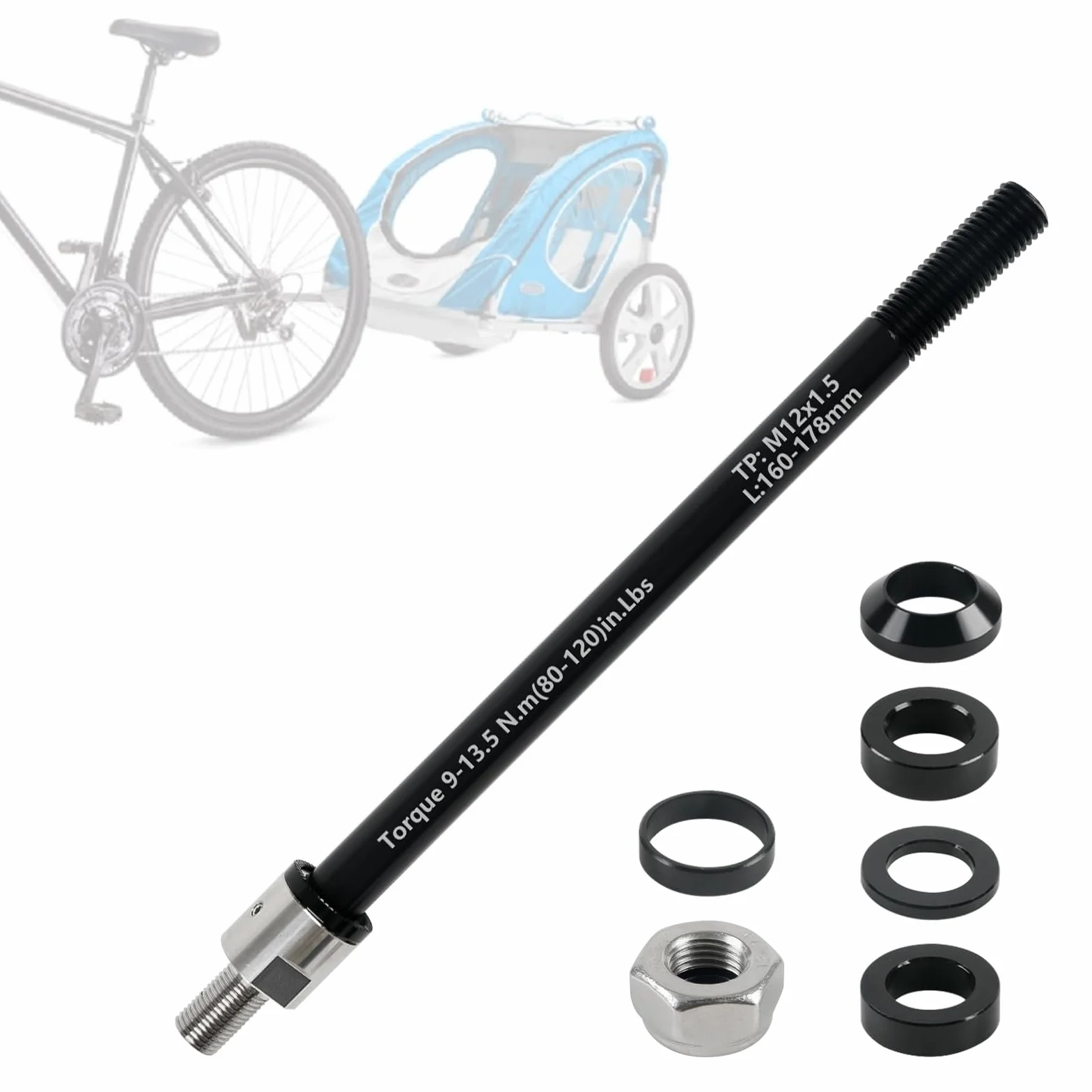 Adaptateur d'essieu traversant M12 160-178 mm longueur de tige réglable pour remorque de vélo