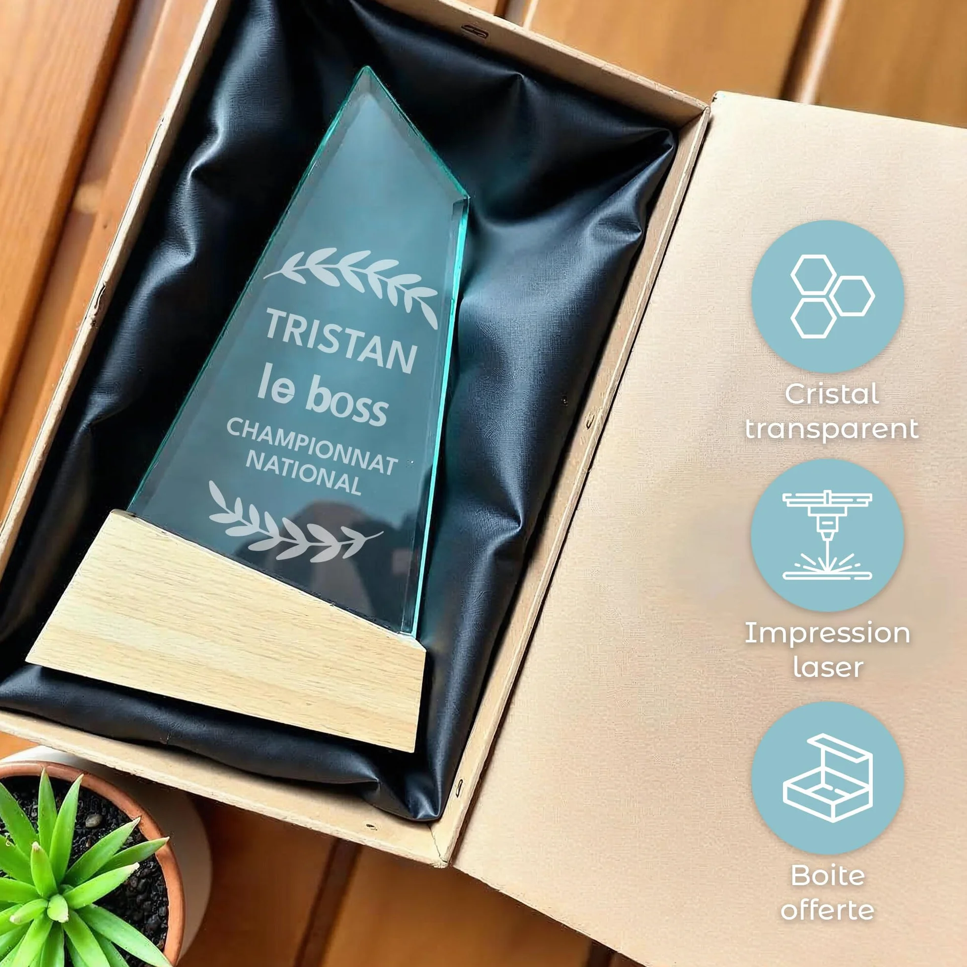 Trophée Personnalisable Base en Bois avec Verre Gravé - Coffret Cadeau