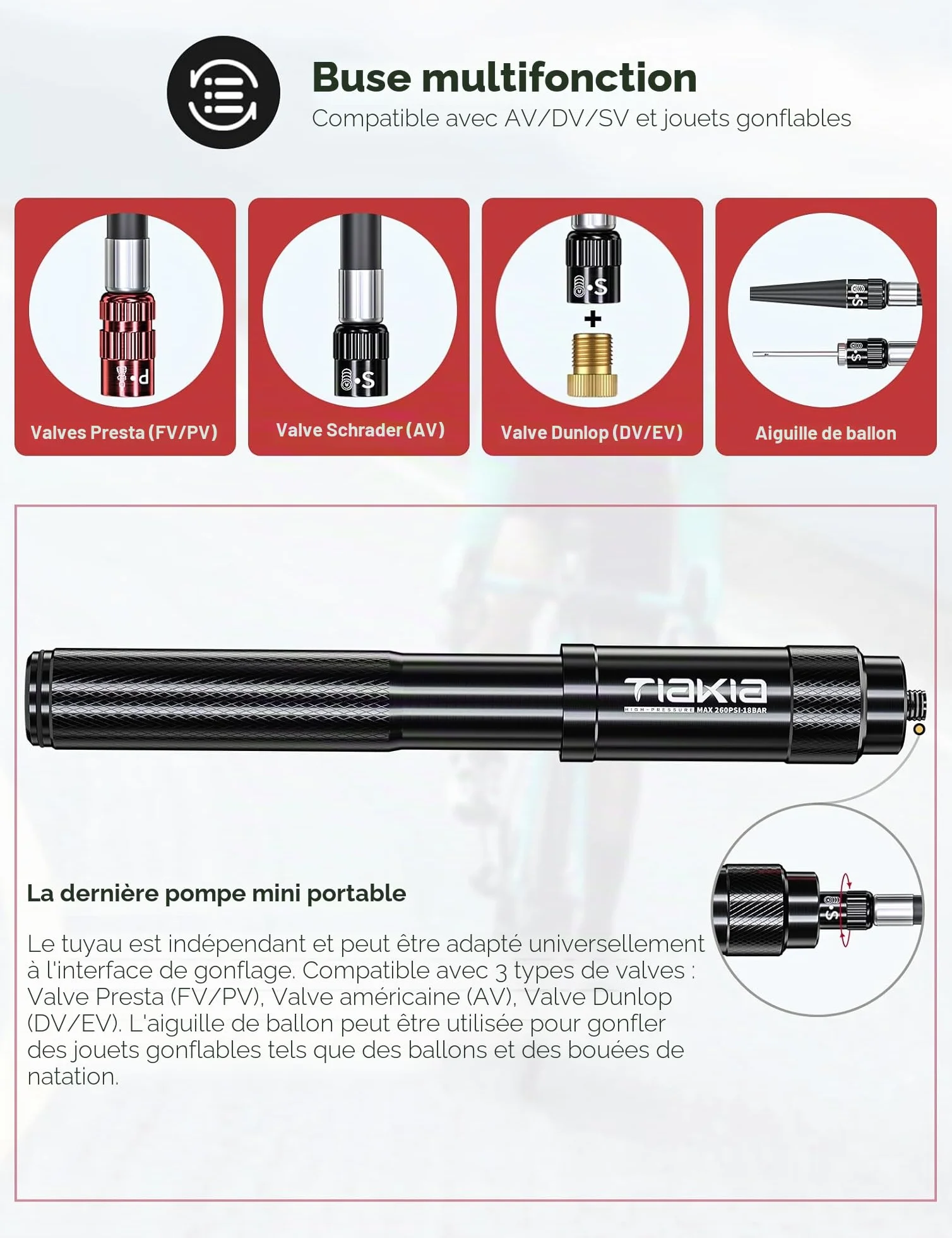 Tiakia Pompe à Vélo Haute Pression 260PSI Compacte Légère avec Support Valve Presta Schrader Dunlop