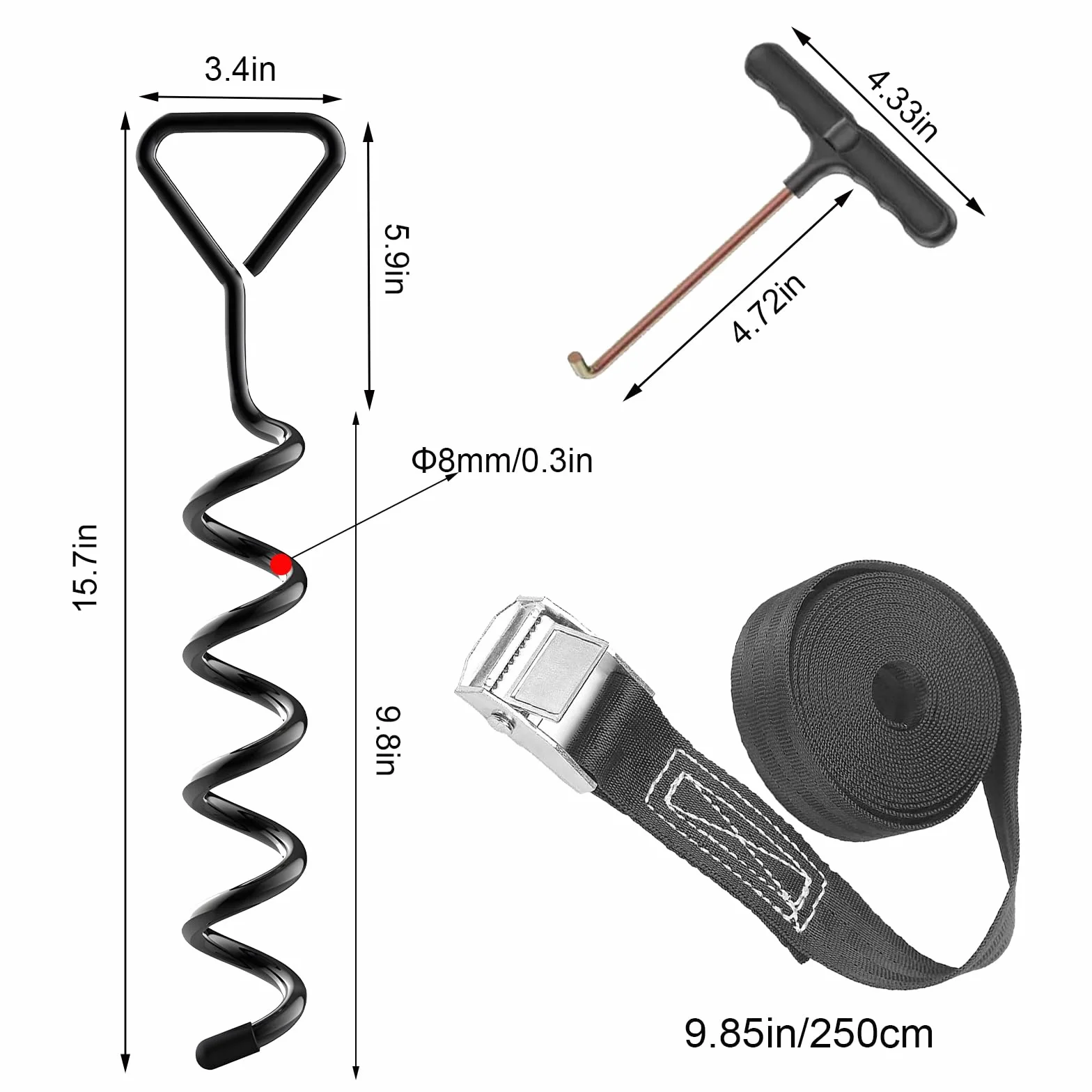 Piquets d'ancrage pour Trampoline Kit d'ancrage Au Sol Acier Galvanisé Inoxydables 4 Sangles Solides Noire