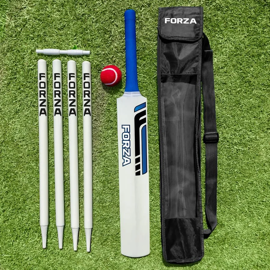 FORZA Ensemble de cricket en bois - Batte de cricket en saule du Cachemire, balle de tennis, kit complet de cricket de jardin junior avec souches, cautions et sac de transport robuste