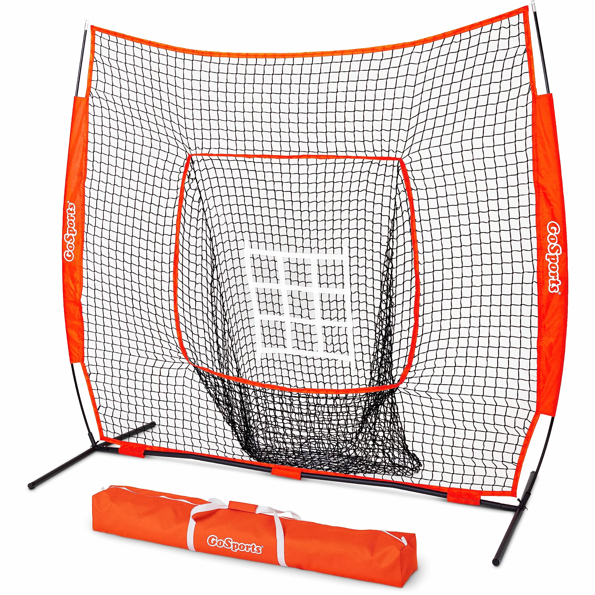 GoSports 7'x7' Baseball Softball Practice Hitting Pitching Net with Bow Frame, Carry Bag, Strike Zone