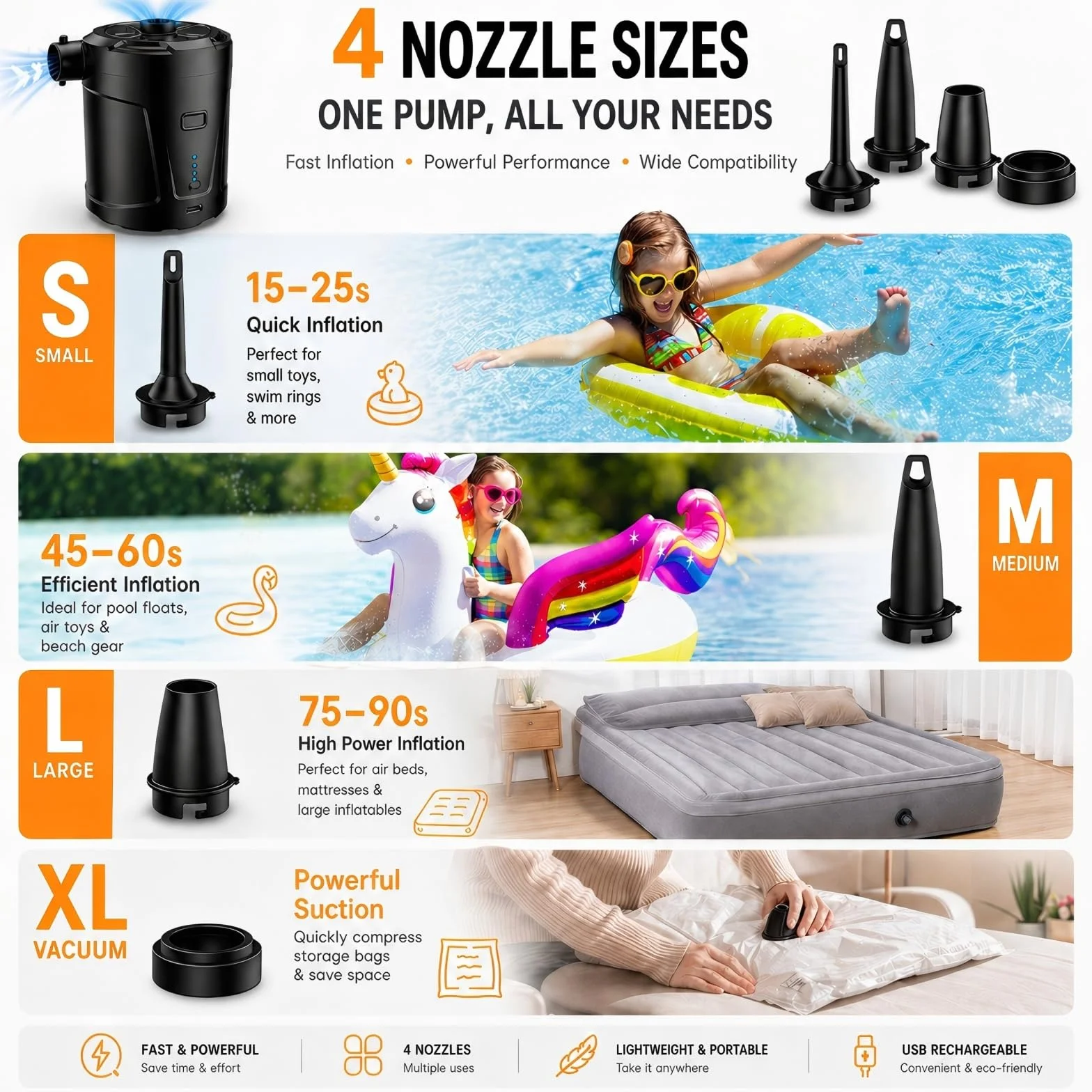 Pompe à air électrique 5200 mAh Gonfleur matelas gonflable 3 buses air rapide bateau pneumatique