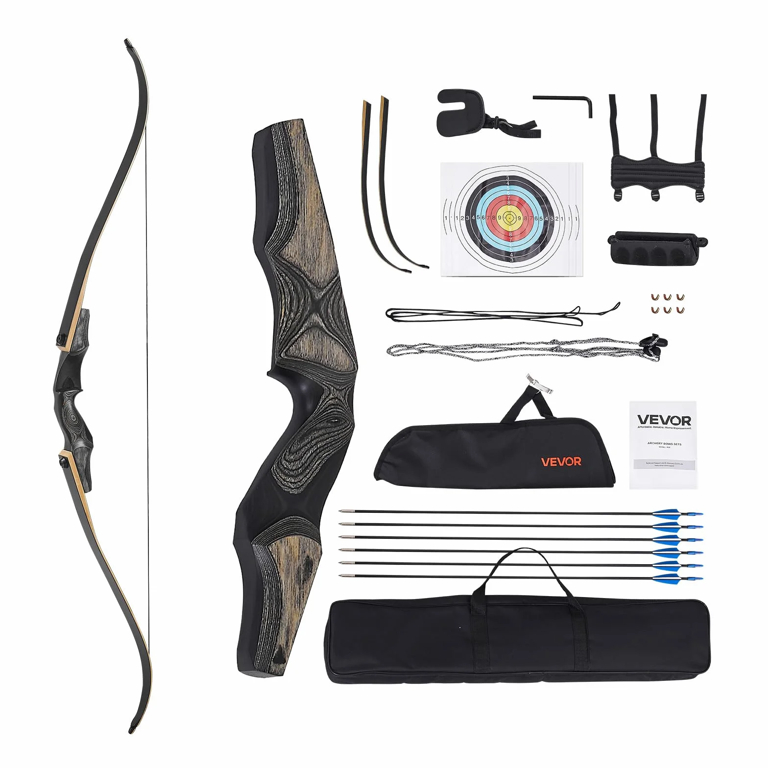 VEVOR Kit Arc Recourbé et Flèches Démontables en Bois 1524 mm, Ensemble Tir à l'Arc pour Droitier, 22,68 kg