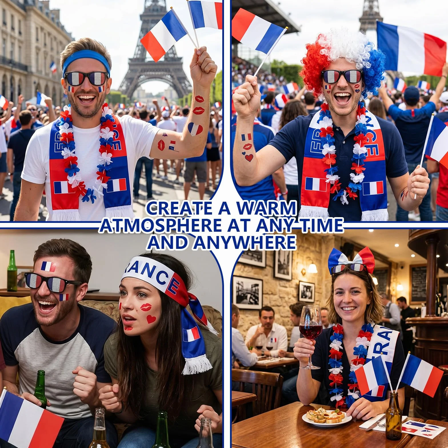 Kit Supporter France Coupe du Monde 2026 Football Accessoire Bandeau Écharpe Perruque Tatouages Temporaires Lunettes Collier de Fleurs Drapeau à Main