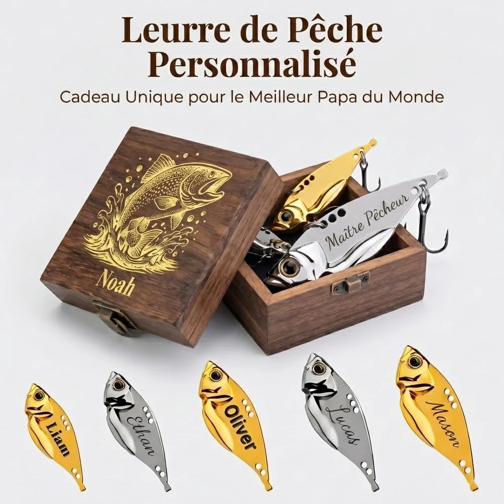 Cadeau Fête des Pères Leurre Pêche Personnalisé avec Texte Gravé Boîte en Bois Accessoires de Pêche pour Homme