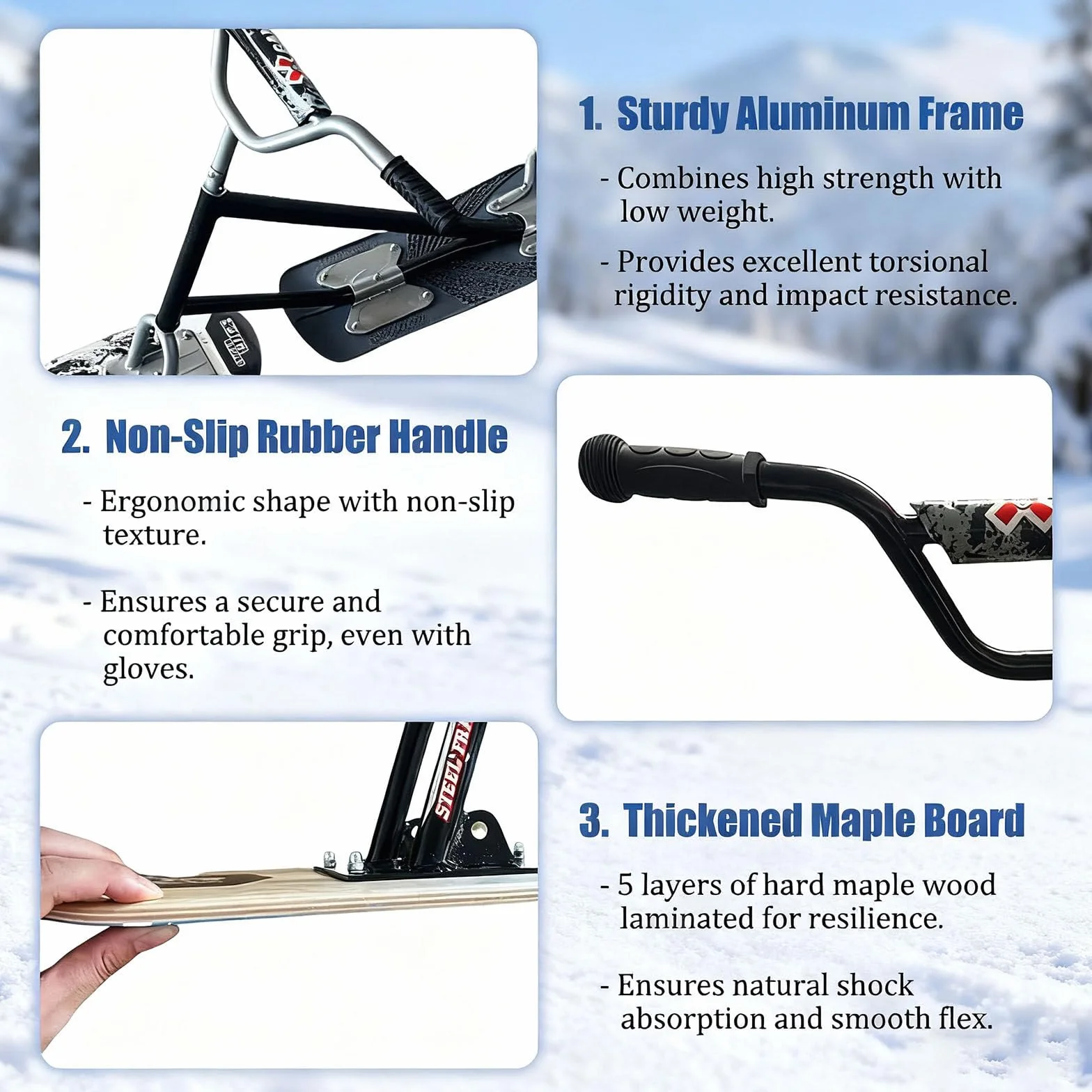 Snow Scooter Adulte Plateau pivotant 360° Double Base Poignée antidérapante Cadre Aluminium Planche Tout-Terrain Noir