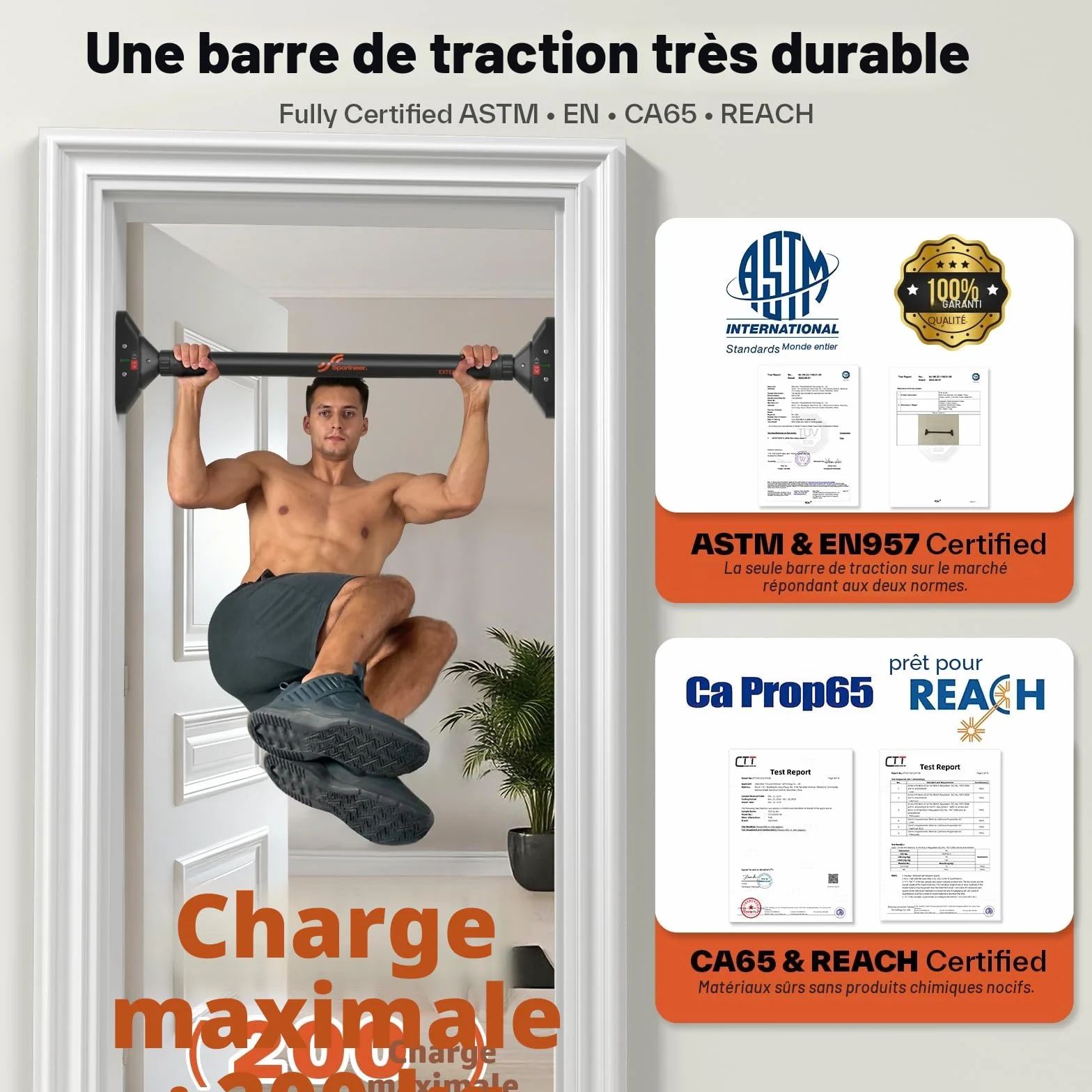 Sportneer Barre de Traction pour Porte sans vis réglable 75-94 cm 200 kg