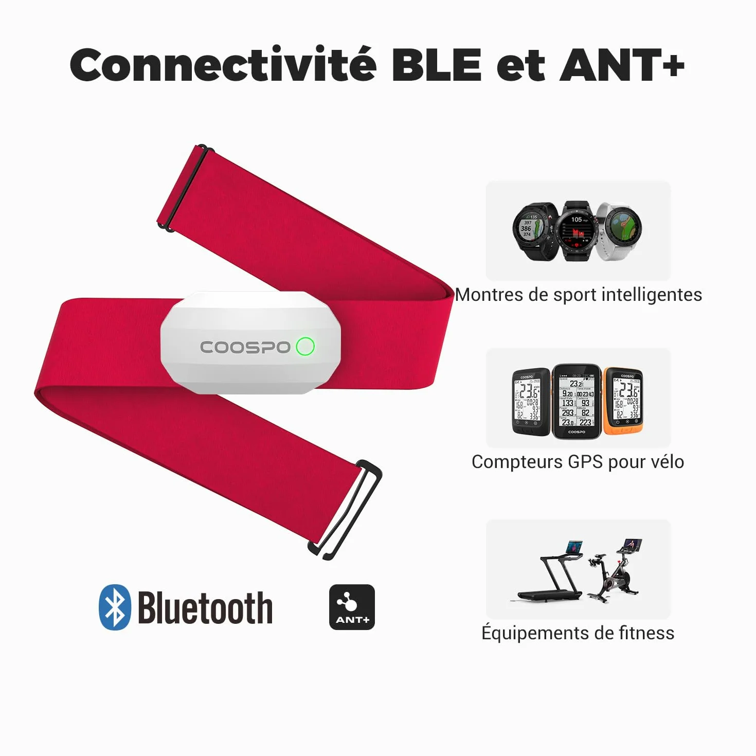 COOSPO H808S Capteur de Fréquence Cardiaque Bluetooth 5.0 Ant+ IP67 Étanche ECG/EKG