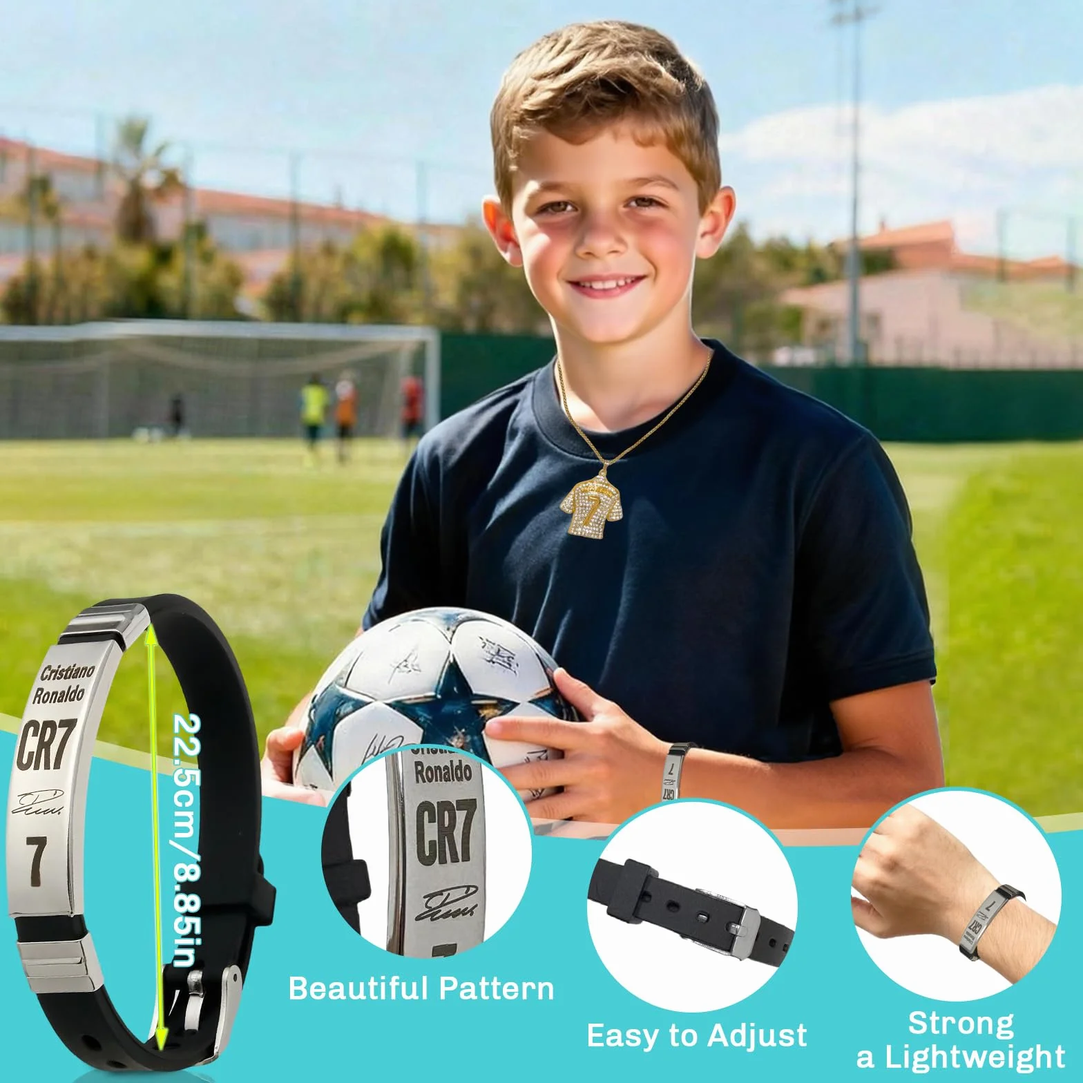 Bracelet CR7 Noir Pendentif Doré 3D Lot de 3 Accessoires Football Réglable