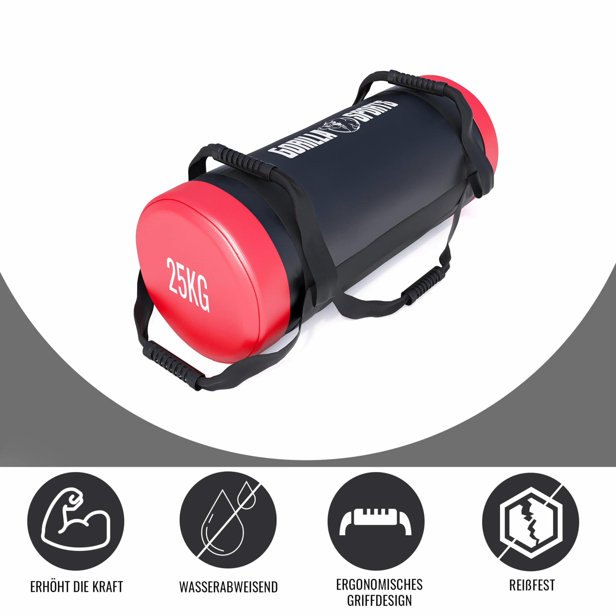 Gorilla Sports Power Bag 30 kg, Rempli, 6 Poignées Antidérapante, Similicuir, Sac de Sable Musculation
