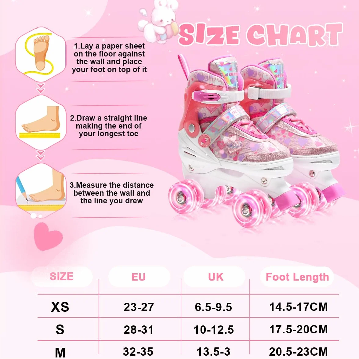 Patin à Roulettes Fille avec 8 Roues Lumineuses, 4 Tailles Réglables, Motif Cœurs
