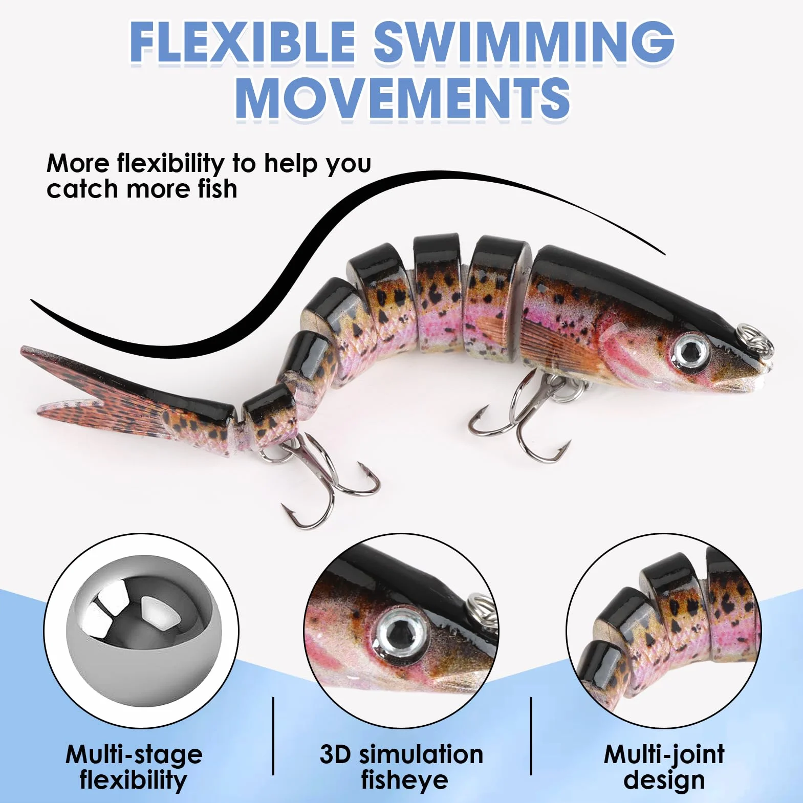 Leurre Peche Carnassier Bioniques Couler Lent Brochet Artificiel Multi-articulés Hameçons Triples 3 Pièces
