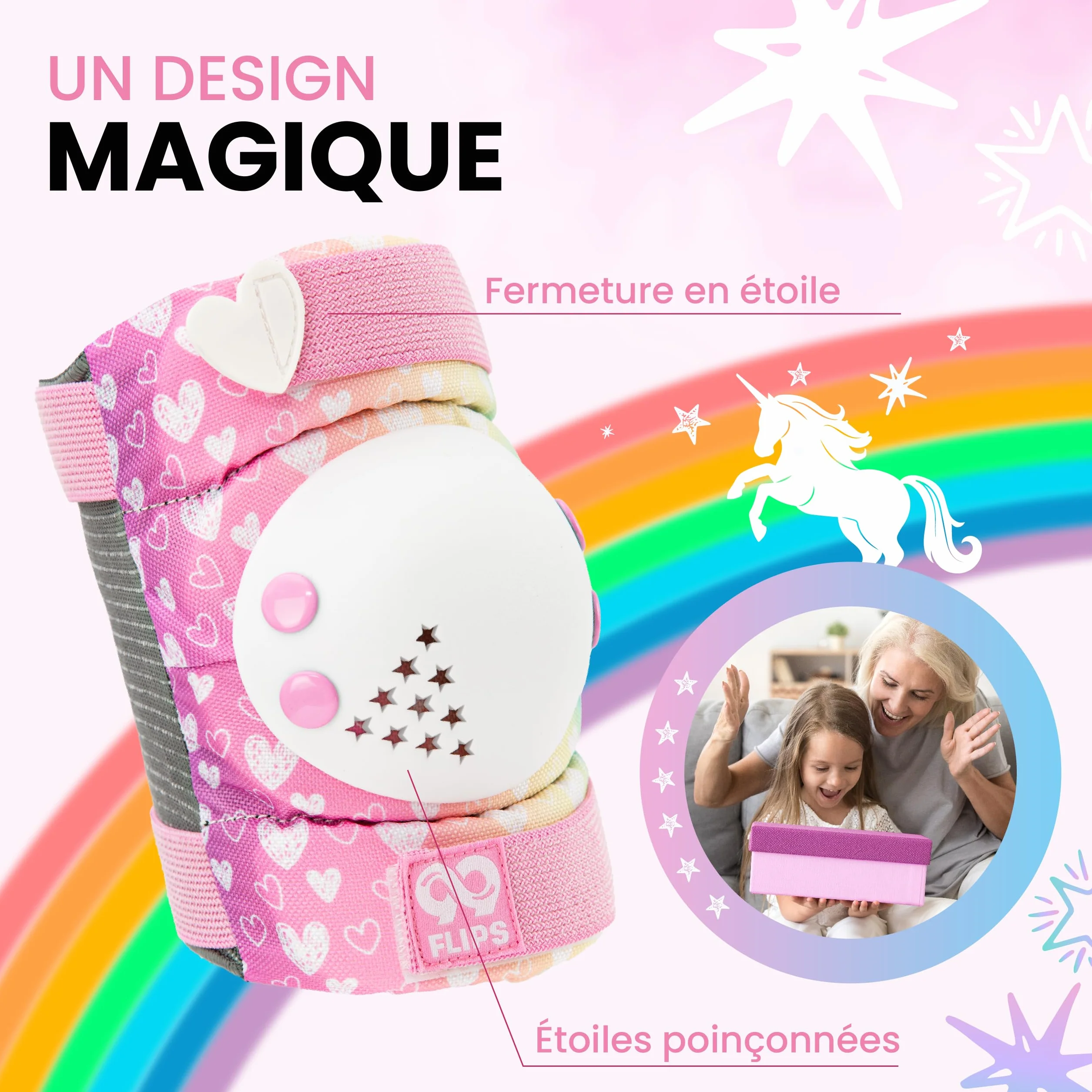 99FLIPS Protection Roller Enfant Fille 6pcs Set Licorne Genouillère Sac de Transport Skateboard Trotinette Skate Freestyle BMX Coude Rainbow