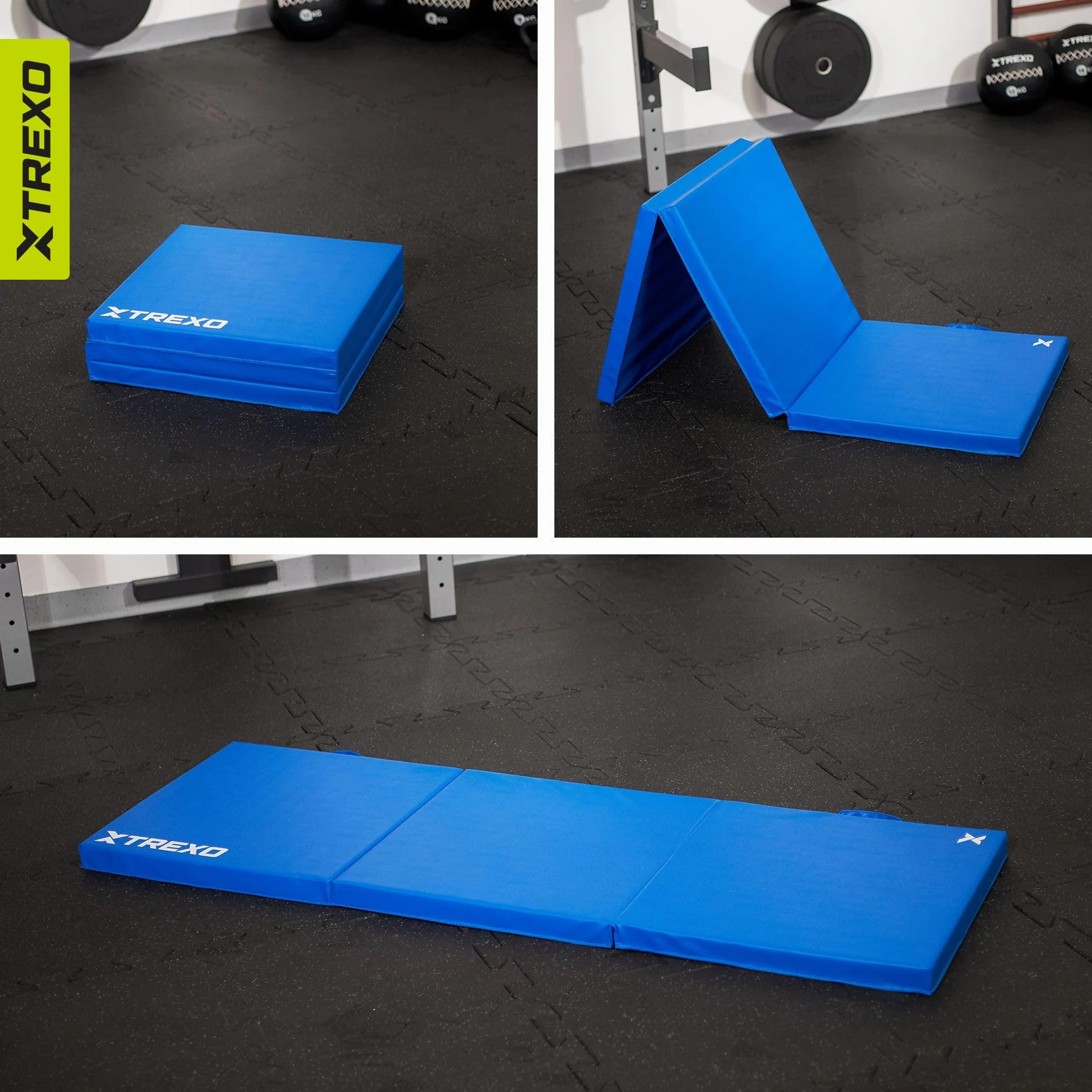 Tapis de Gymnastique Pliable TREXO 180 x 60 x 5 cm 3-Panneaux Mousse EPE Bleu