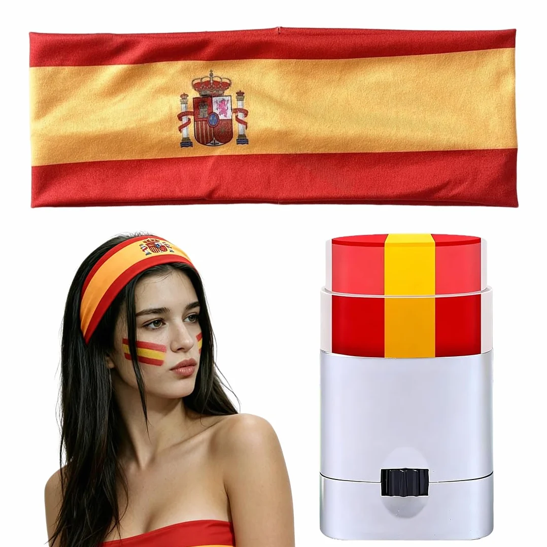 Lot de 2 Bandeau Élastique et Stick Maquillage Drapeau Espagnol Rouge Jaune Accessoire Supporteur Carnaval