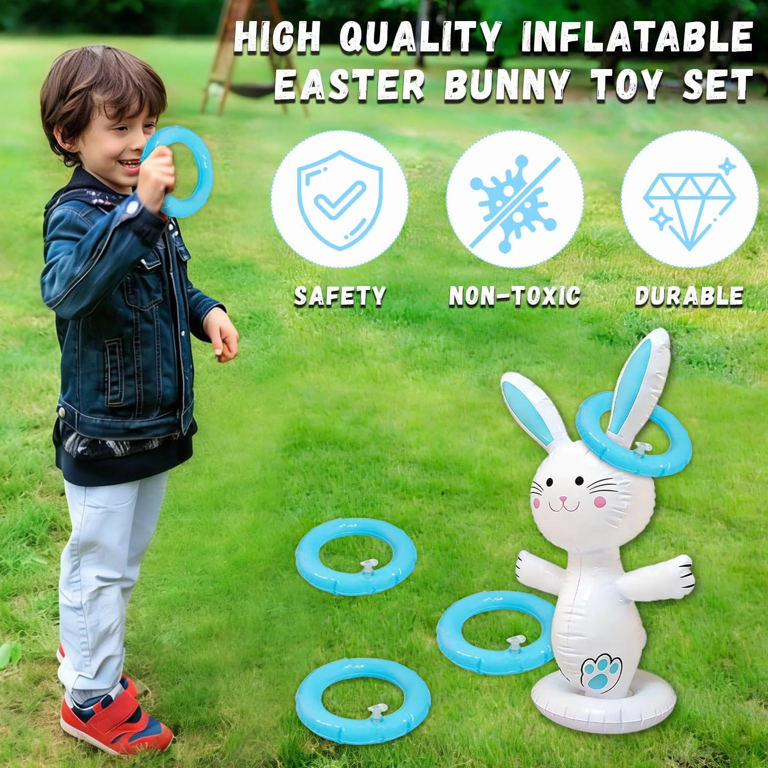 dellyy Jeux de Lancer Lapin Gonflable Pâques, Jeu de Lancer d'Anneaux Gonflable, Intérieur Extérieur