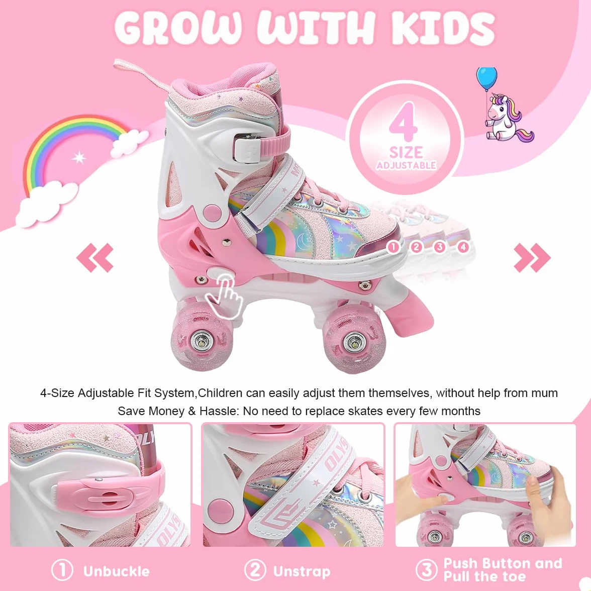 Patins à roulettes Enfants 8 Roues Lumineuses 4 Tailles réglables Patins Quatre Roues avec Sac