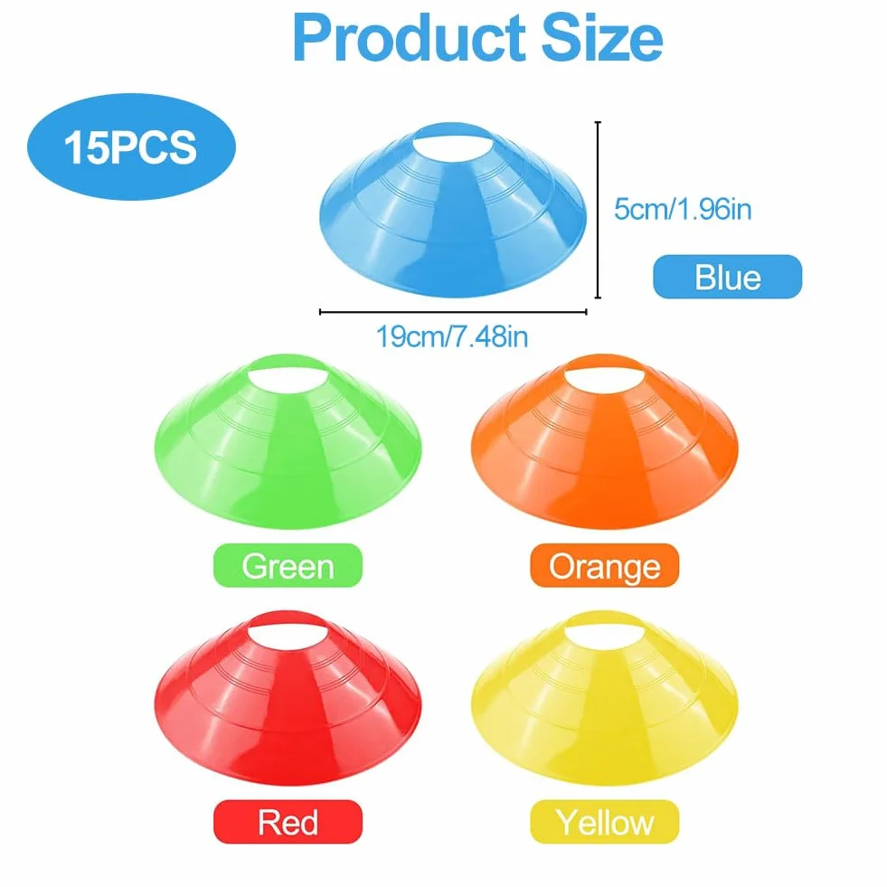 Lot de 15 Cônes d'Entraînement en PE Souple - 5 Couleurs Vives pour Football, Rugby, Fitness